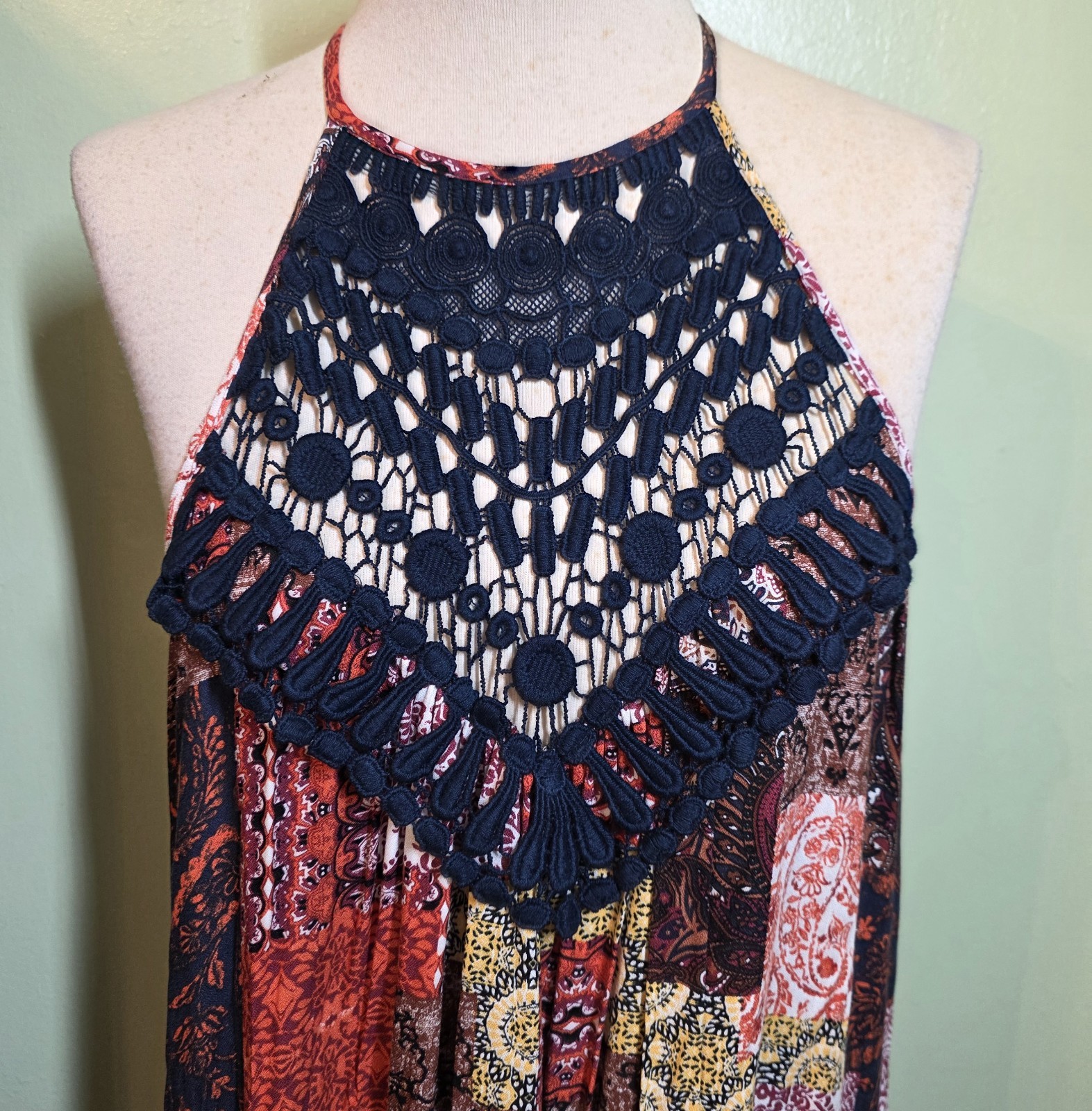 Boho Patchwork Print Halter Maxi Dress M Crochet Neck Retro Festival Beach NWT
