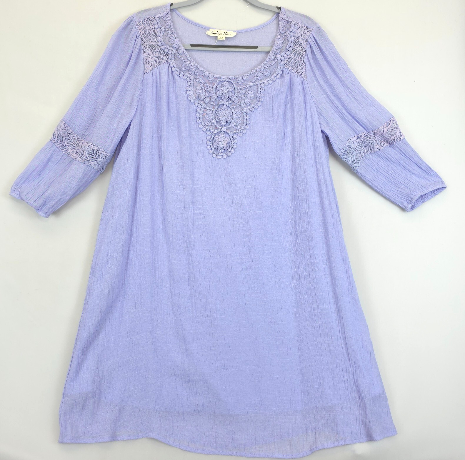 Indigo Rose Shift Dress Women 1X Lavender Embroidered Lined Crinkle Boho Prairie
