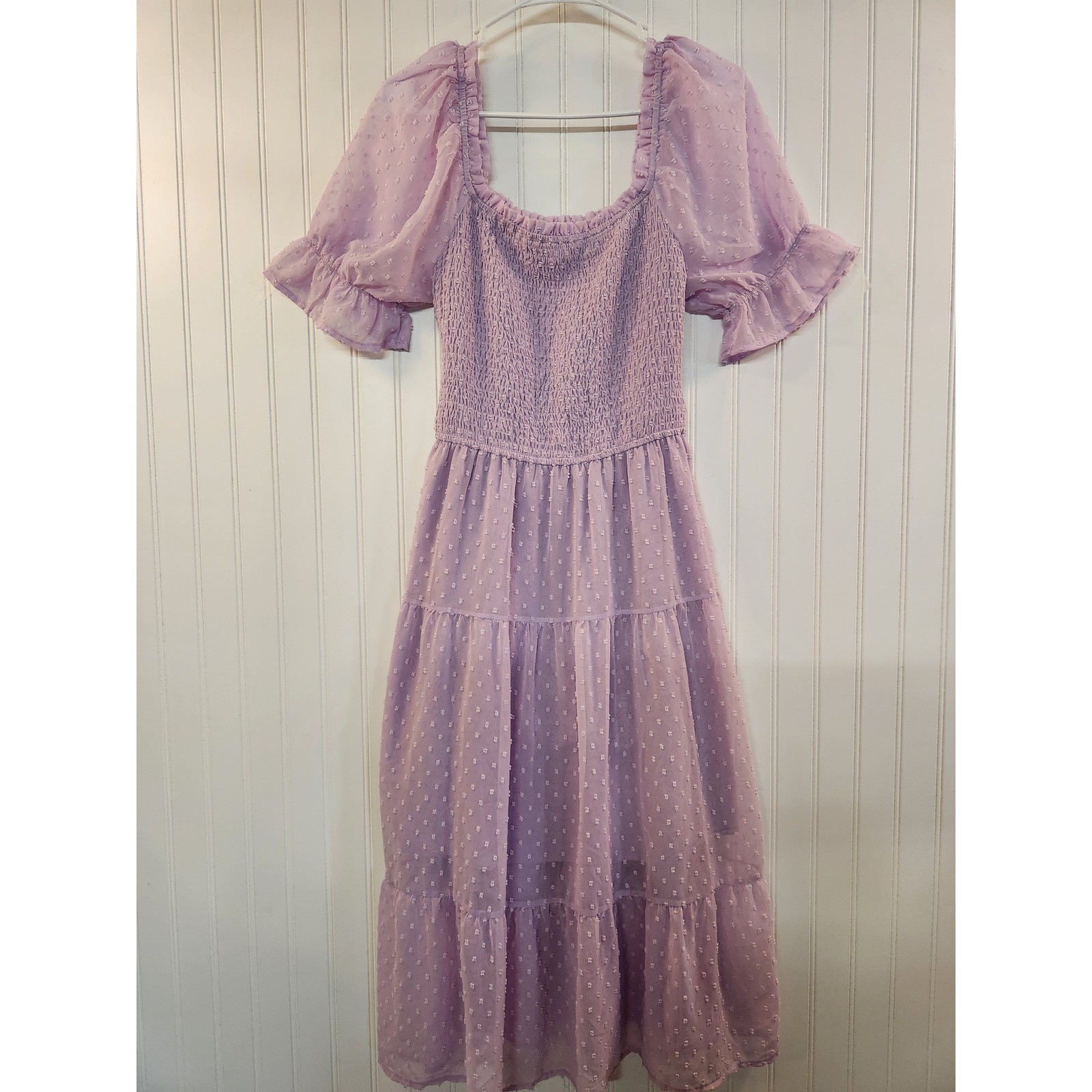 Merokeety Womens Lavender Swiss Dot Smocked Midi Dress Puff Sleeve Tiered Large
