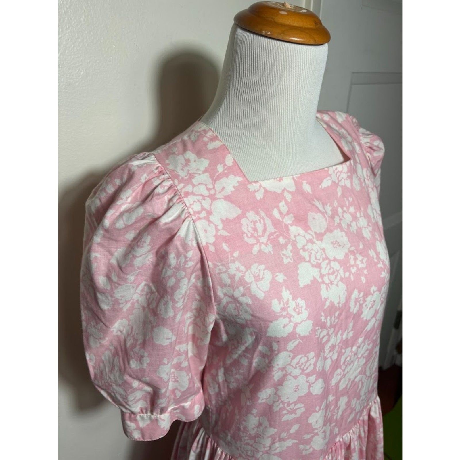 Laura Ashley Vintage Flour Sack Floral Prairie Midi Dress Pink White 10 Cotton