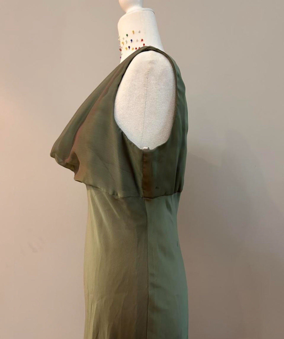 Michelangelo Green Satin Cowl Neck Draped Lined Maxi Dress Size 10