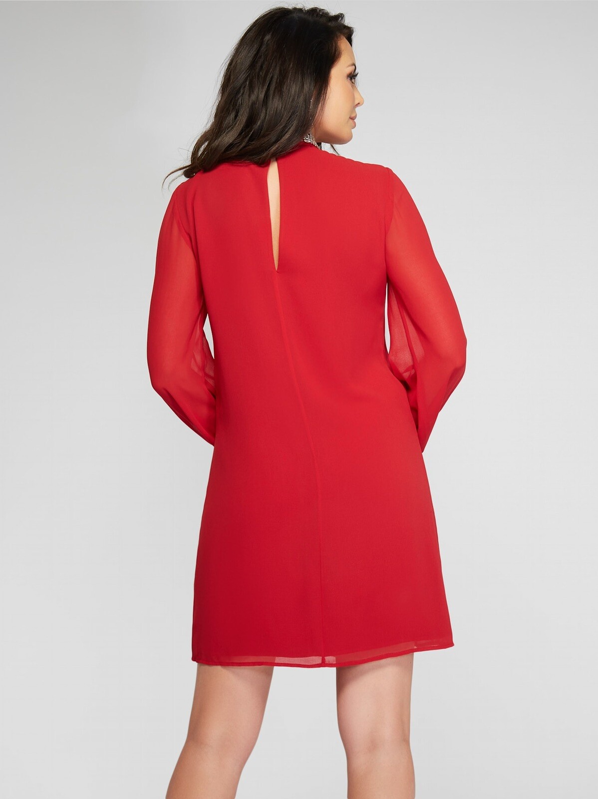 New Guess Marciano Leila Tunic Embellished Collar Sheer Sleeve RED Dress XS $198