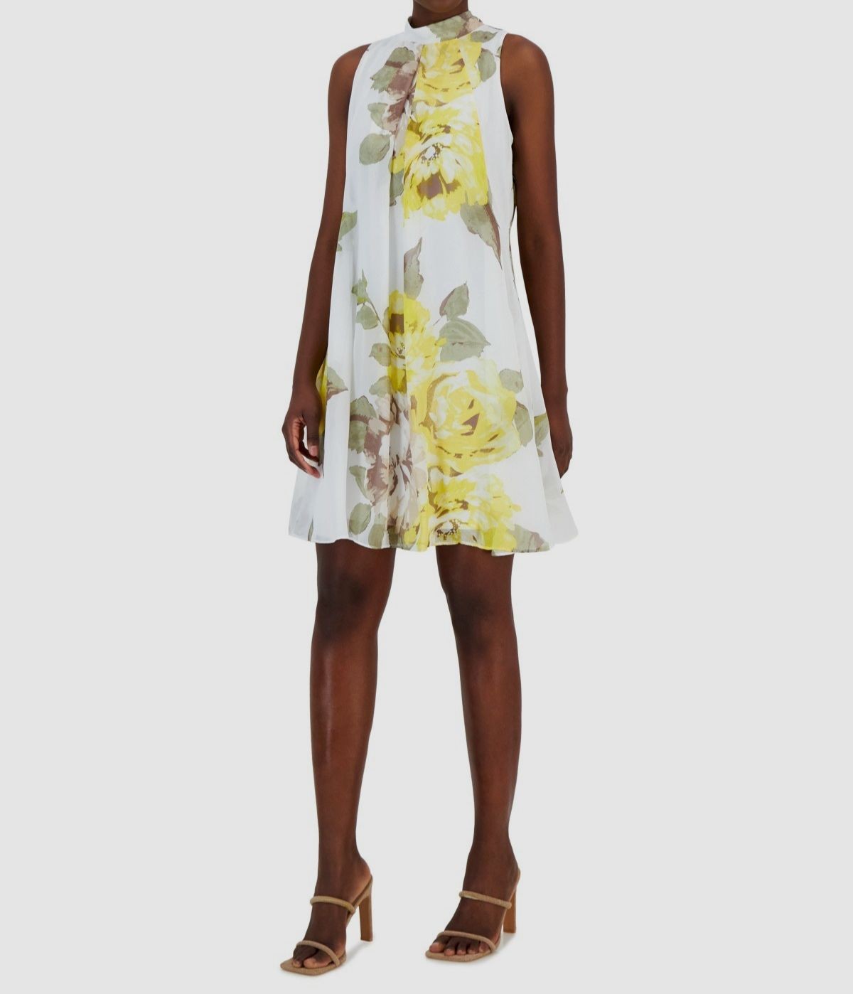 Robbie Bee Women’s Yellow Floral-Print Mock Neck Trapeze Dress Petite Size 6P