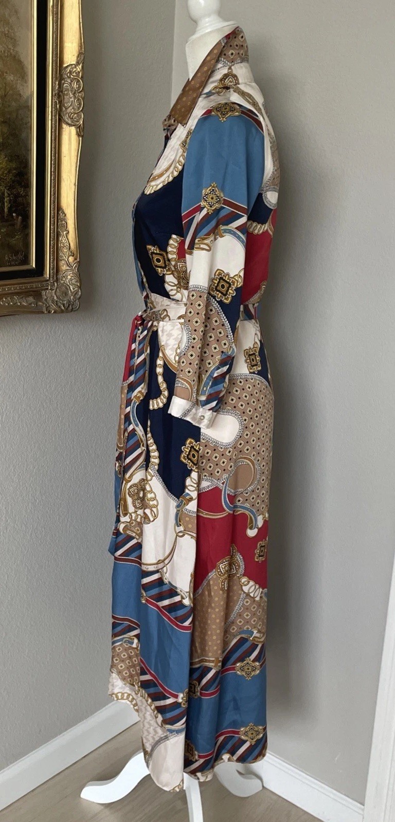 ZARA Chain Pattern Scarf Print All Over Shirt Dress Sz S Midi Equestrian GUC