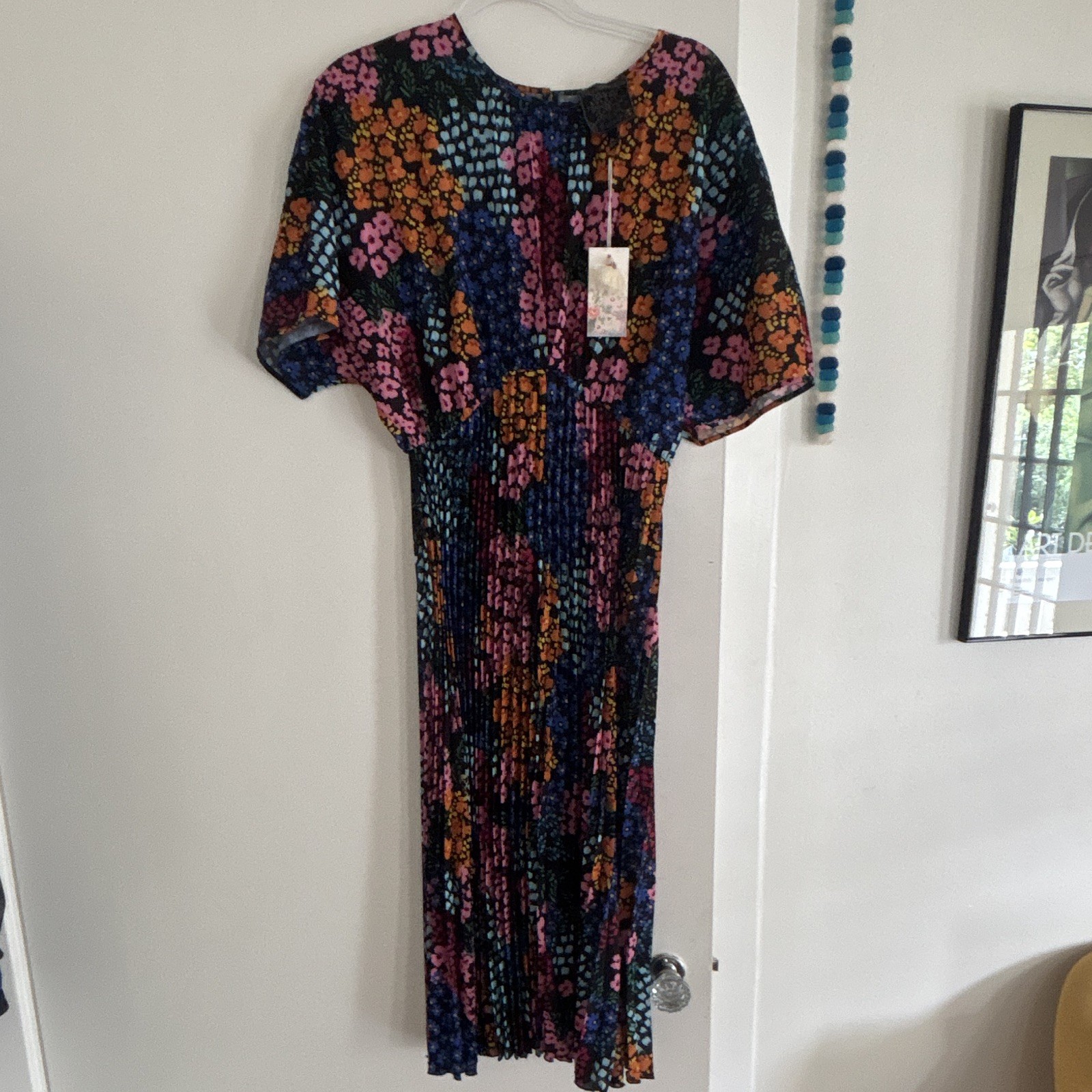 Johnny Was Multicolor Floral Pleated Midi Dress Short Sleeve Round Neck M