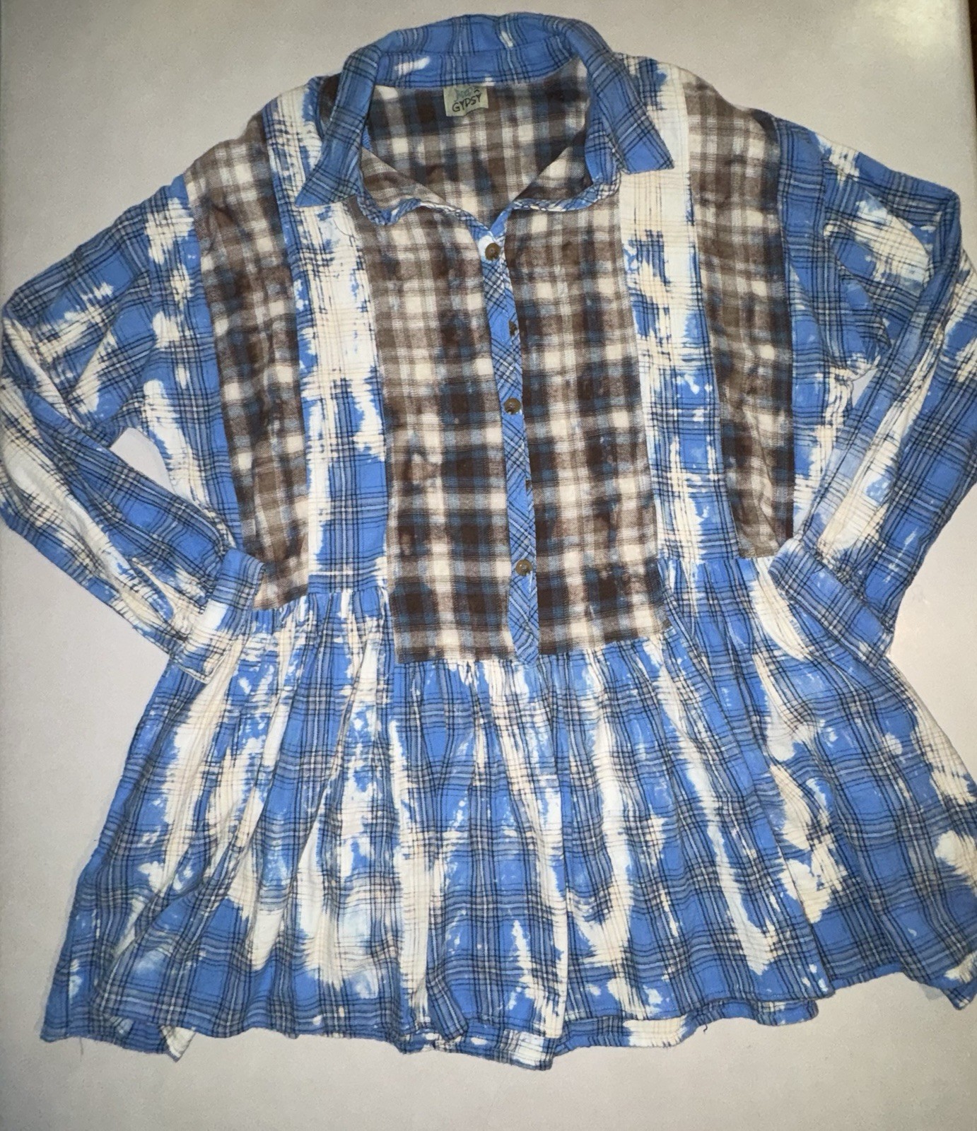 Jaded Gypsy Plaid Tunic Dress L XL Blue Brown Distressed Cowgirl Festival