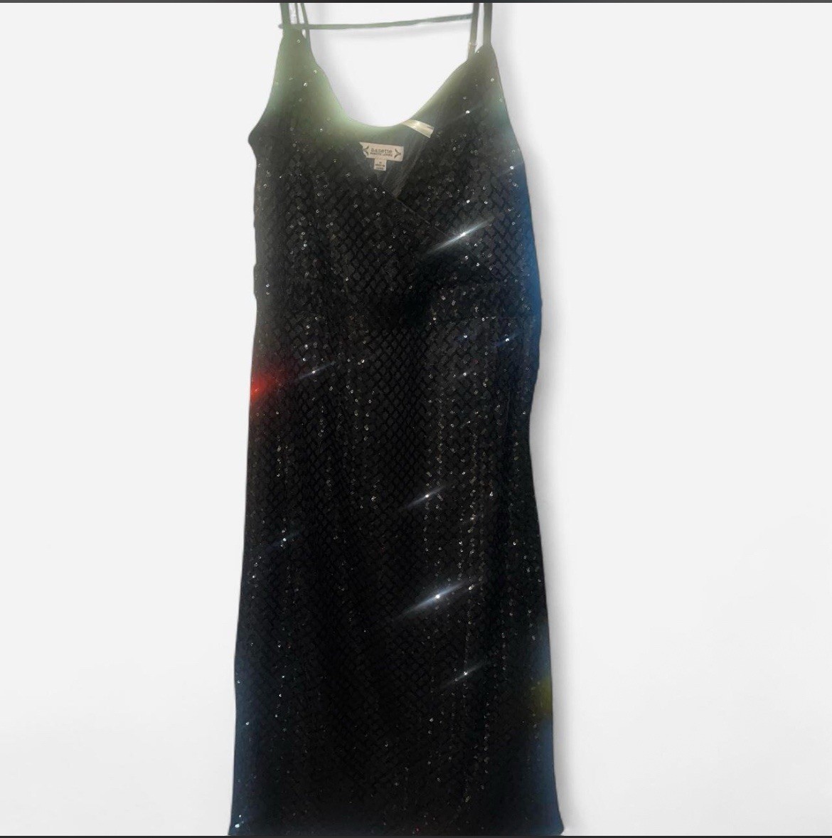 Women’s Black Sequin Geometric Slip Dress V-Neck Midi Sleeveless Size S