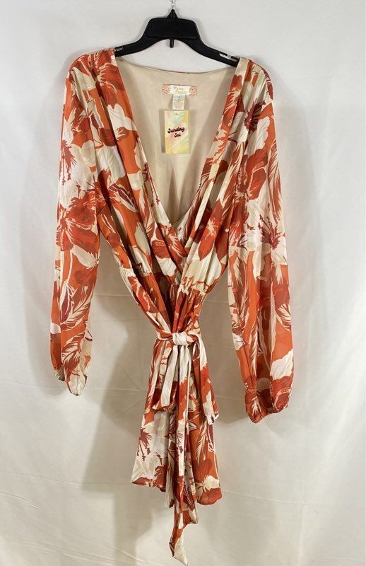 Flying Tomato Women’s Rust Flower Power Floral V-Neck Tie Waist Dress 1X NWT