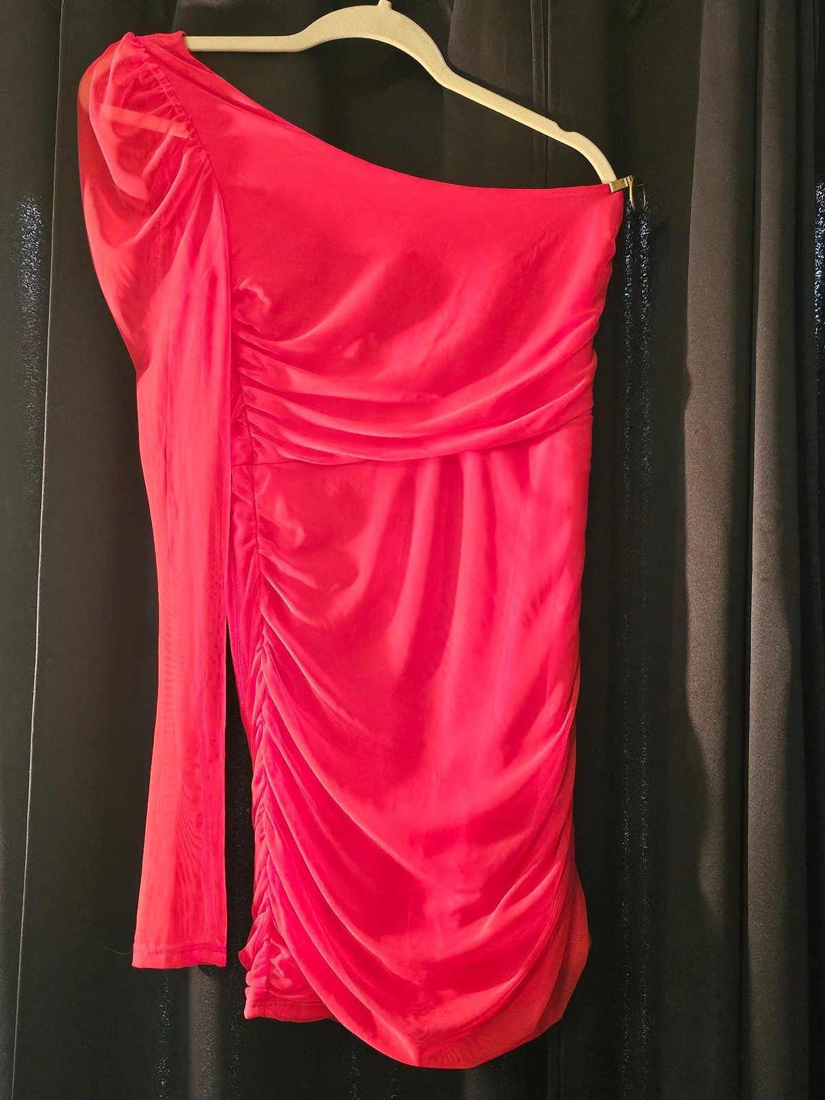 Lucy in the Sky Red Mesh One-Shoulder Ruched Mini Dress