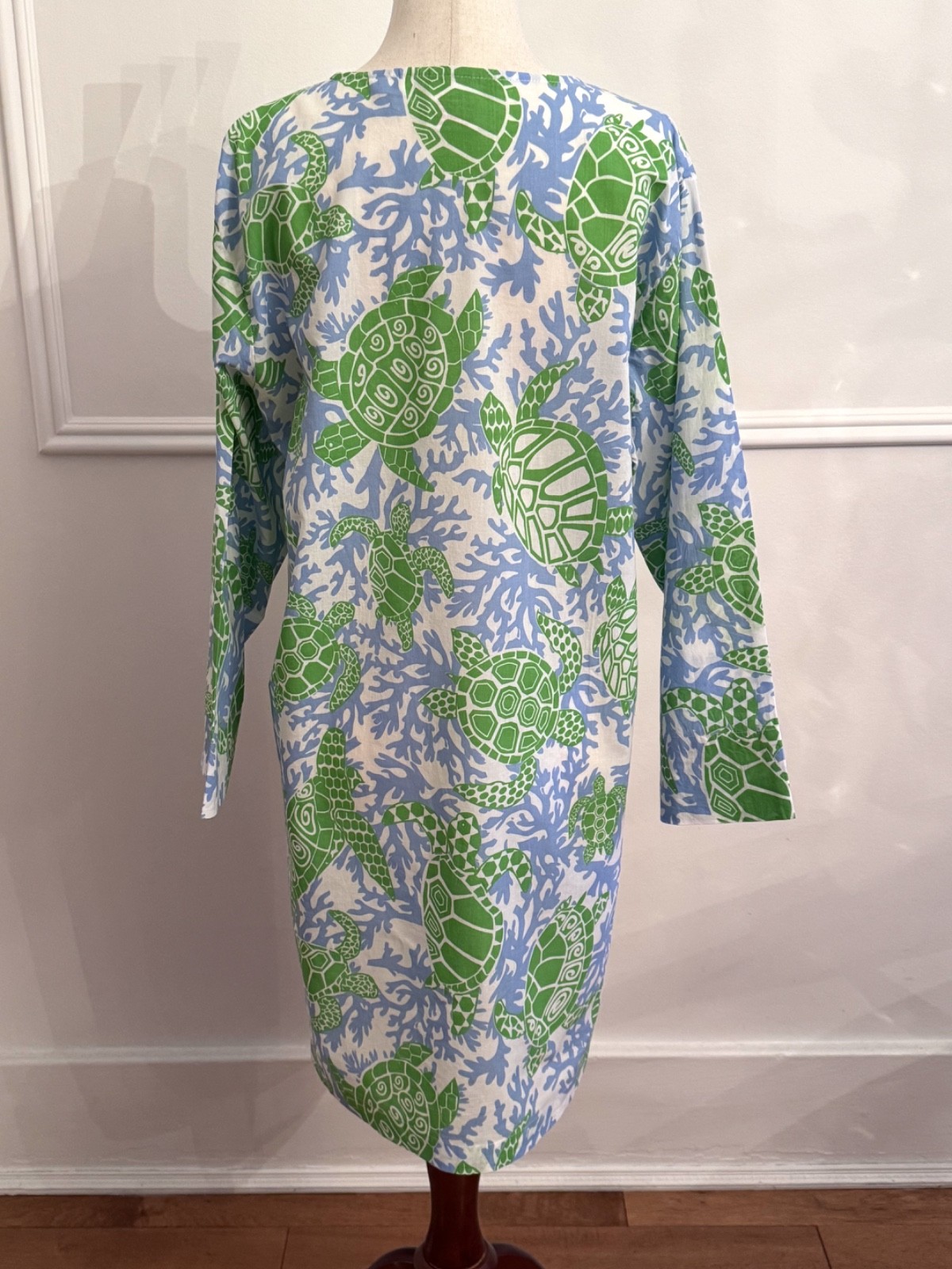 Gretchen Scott Turtle Traffic Tunic Dress Large Cotton Green Blue India