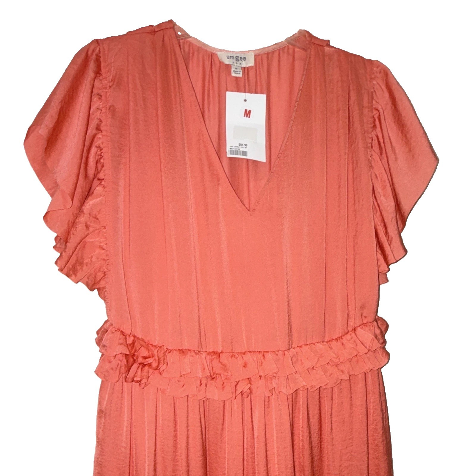 NWT- Umgee USA Orange Solid Midi Maxi Dress Short Flutter Sleeve Ruffle V-Neck M