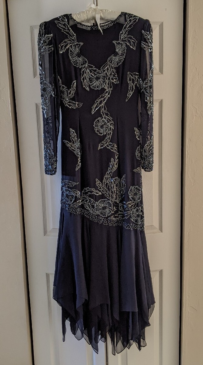 Creative Creations M black 100% silk hand beaded party flapper swing sheer flora