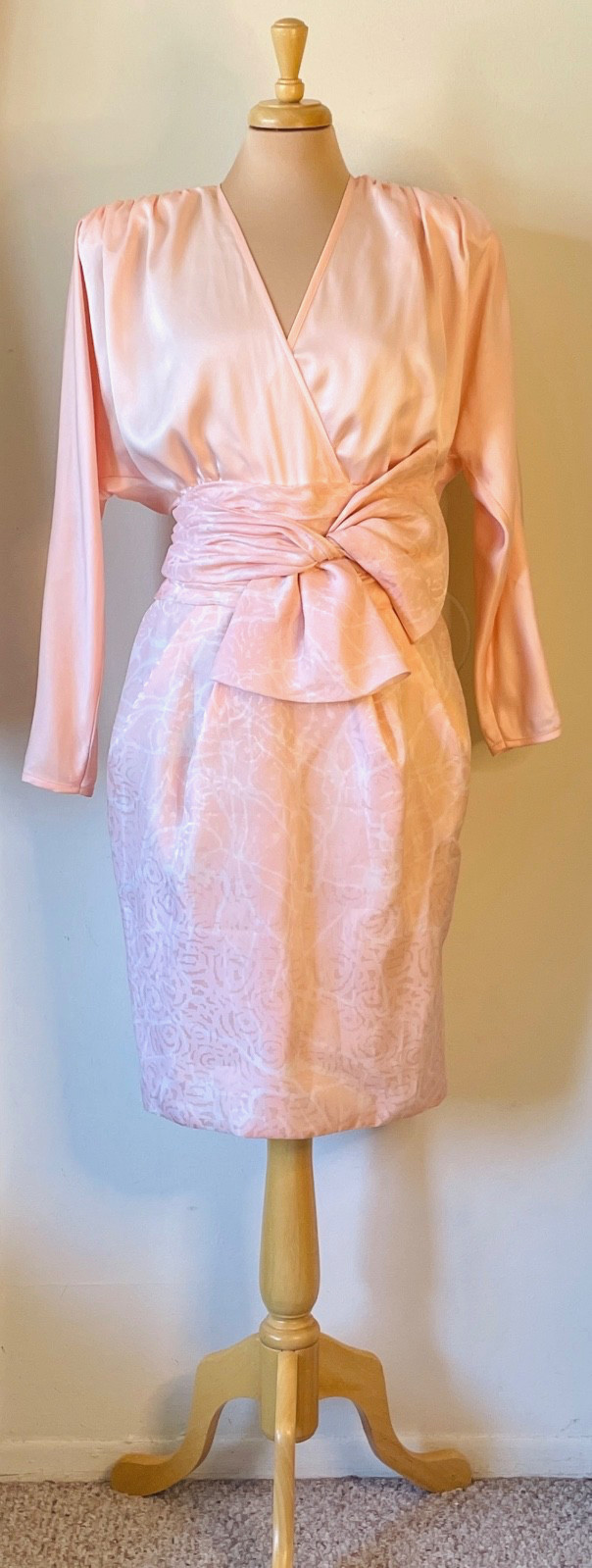 Vintage 80’s Liancarlo Size 8 100% Silk Blush Pink Cocktail Dress Sash Jacquard