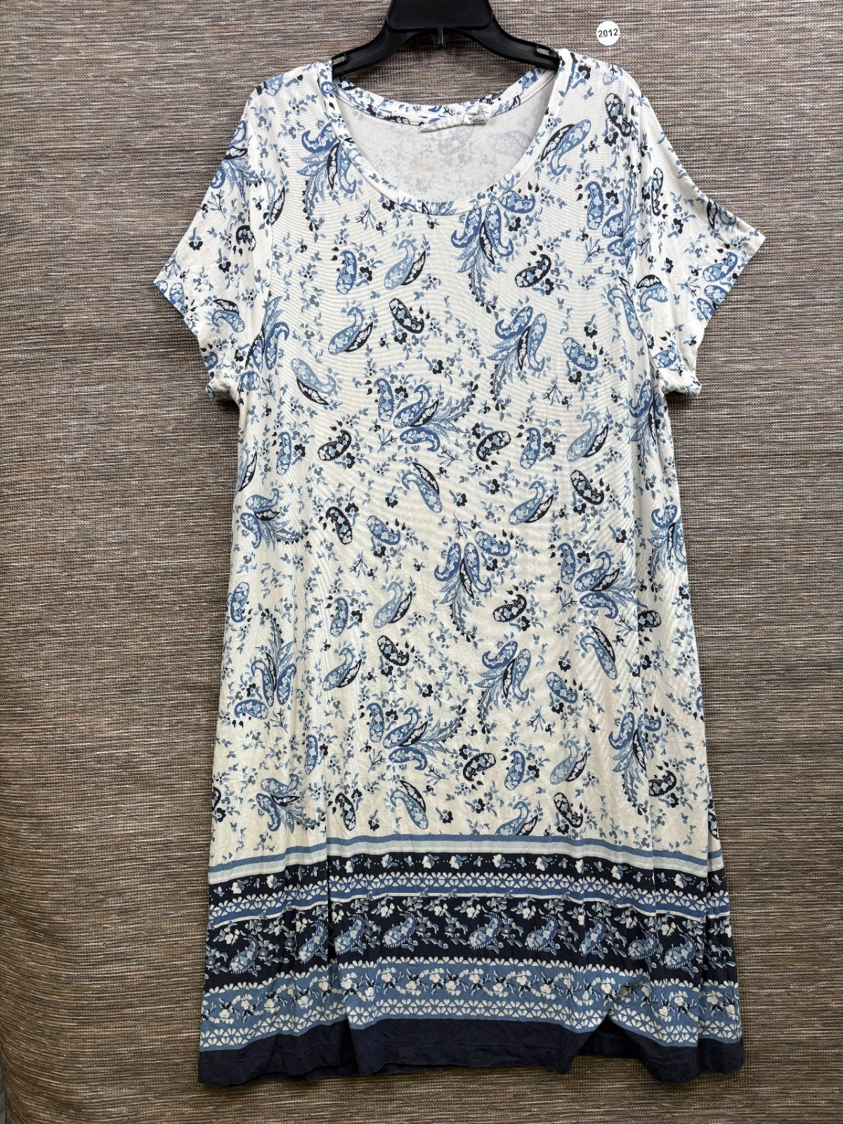 Lucky Brand Midi T-Shirt Dress Womens 2X Blue White Paisley Border Print Stretch