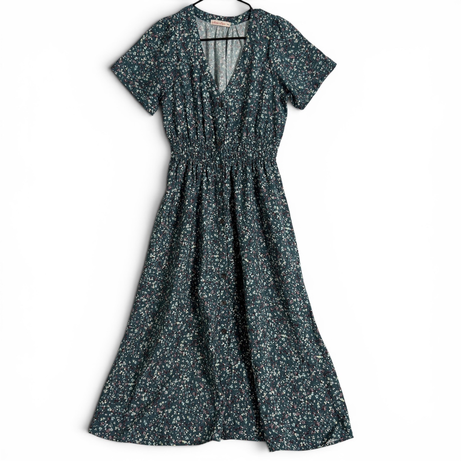 Marine Layer Annika Floral Button Front Midi Dress Green Tencel XS Smocked Waist