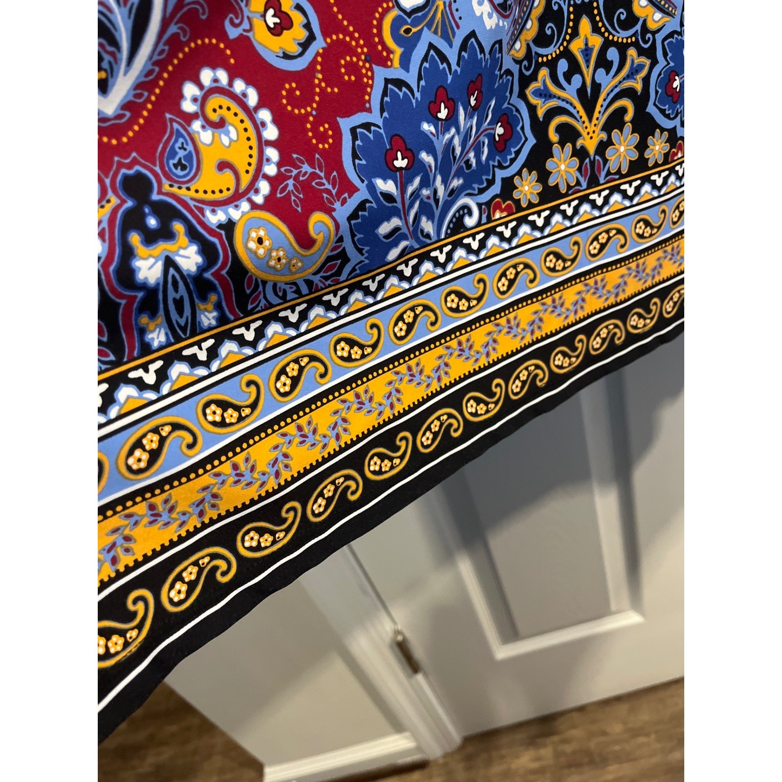 Talbots XL Paisley Medallion Shift Dress Red Blue Gold 3/4 Sleeve Button Cuff