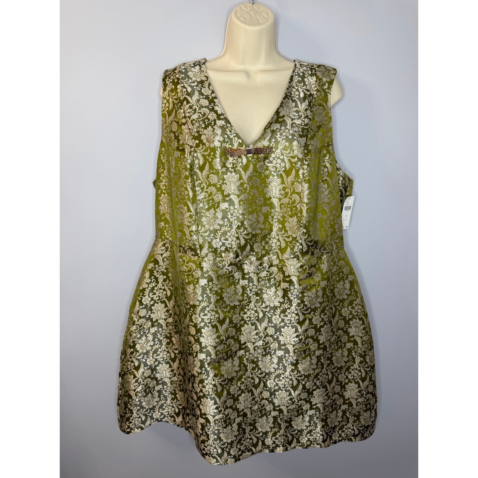 Maeve Sleeveless Brocade Shift Mini Dress Cocktail Green Gold Women’s 1X New
