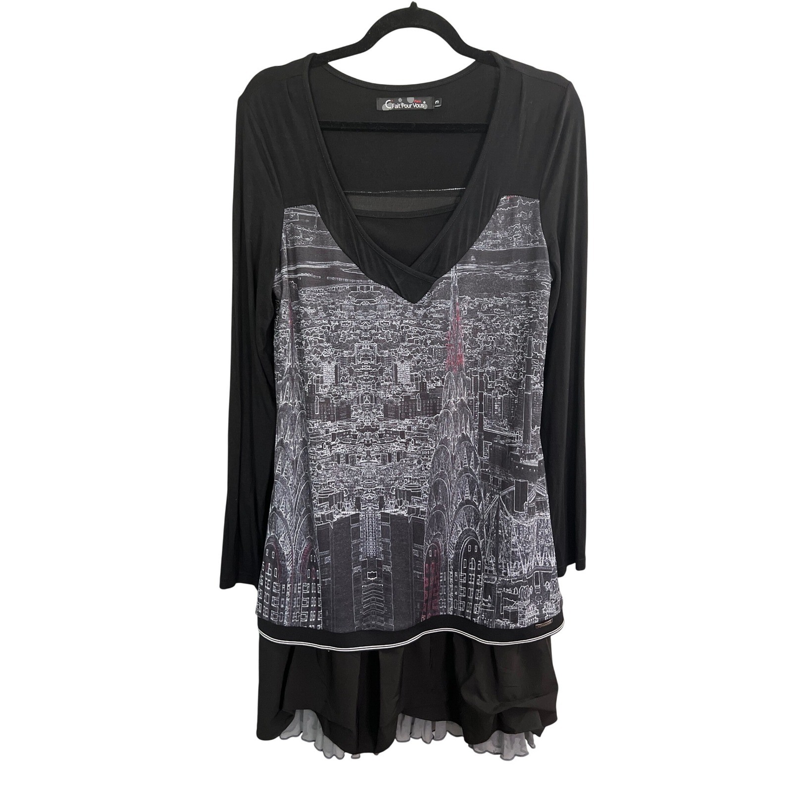C’Fait Pout Vous Graphic Paris Layer Tunic Dress Black 3/L Long Sleeve Edgy City