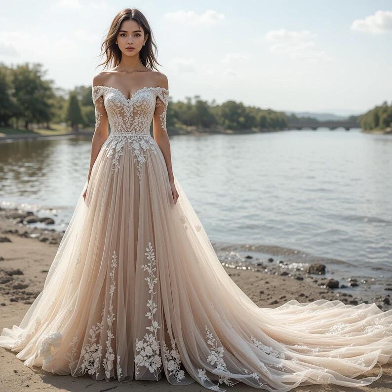 Off Shoulder Half Sleeve Floral Nude Tulle A Line Lace Wedding Dress Train