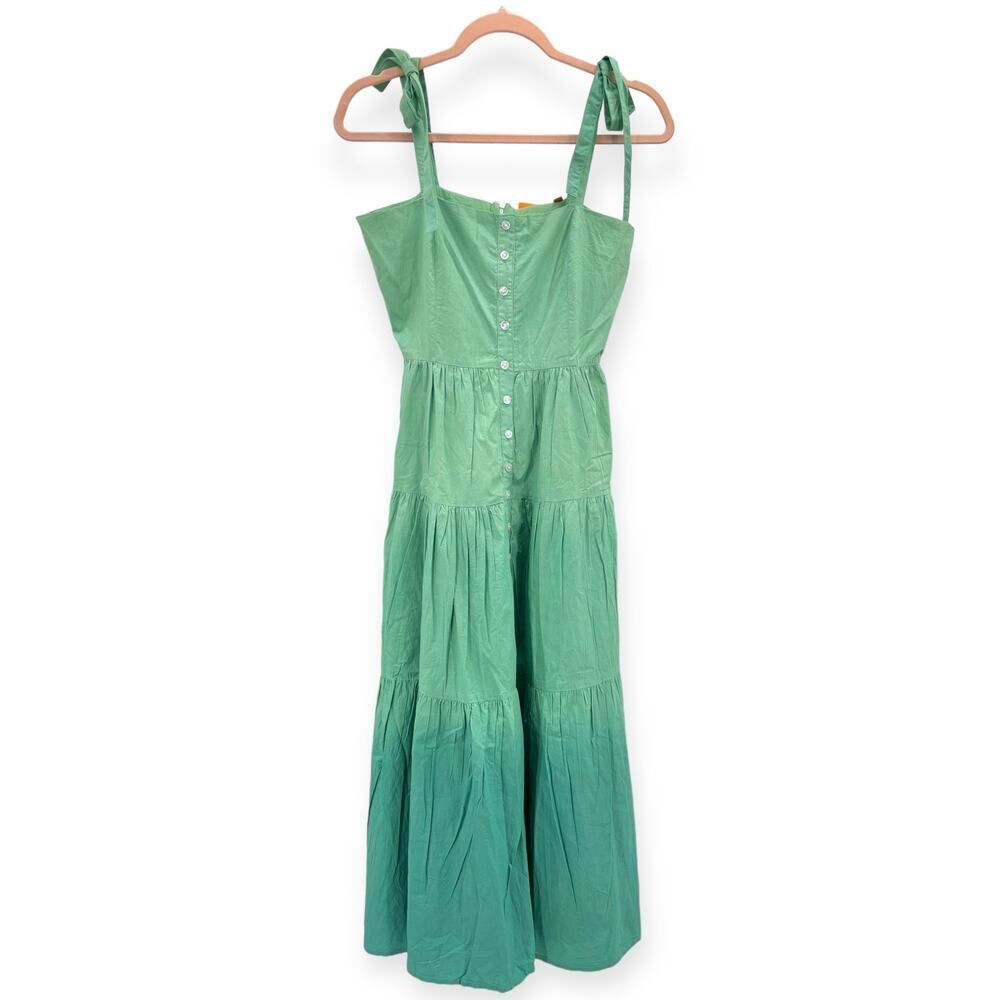 Oliphant NEW Tie Strap Button Cotton Poplin Midi Dress in Ombre Green – Size XS