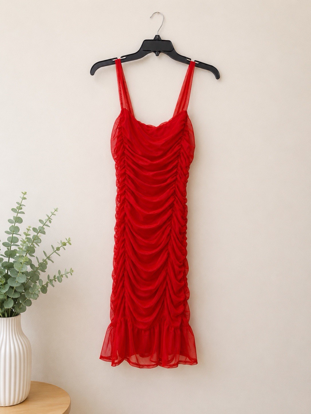 Free Press Red Ruched Mesh Bodycon Midi Dress Size L Sleeveless Party Club