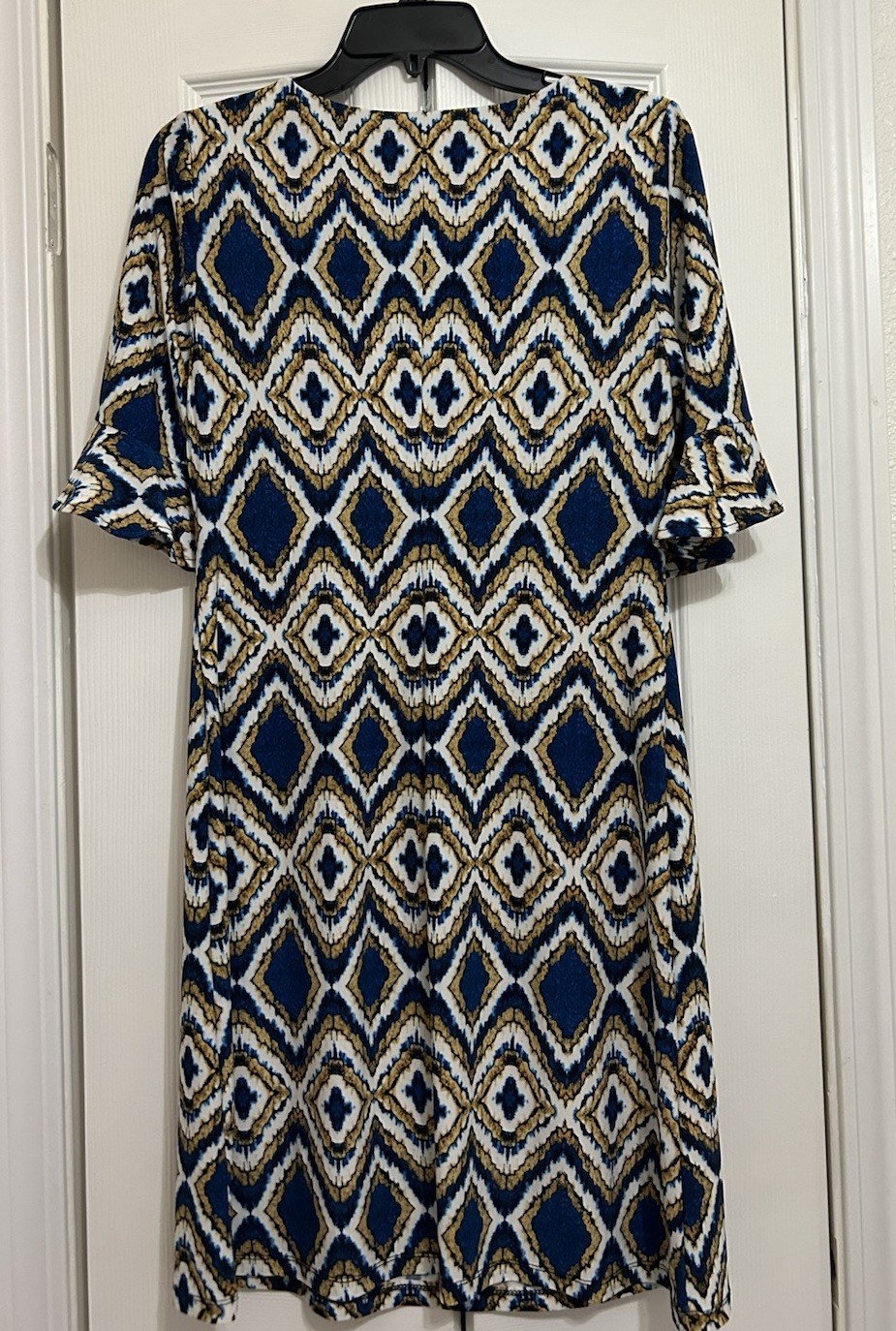 Tommy Hilfiger Blue Gold White Geometric Sheath Dress Ruffle Sleeve Size 6