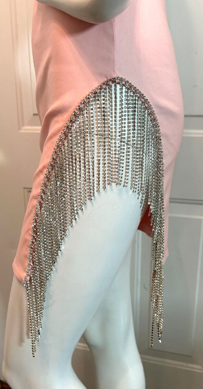 Y2K Club Princess Mini Dress Medium Rhinestone Fringe Open Back Pink Stretch NWT