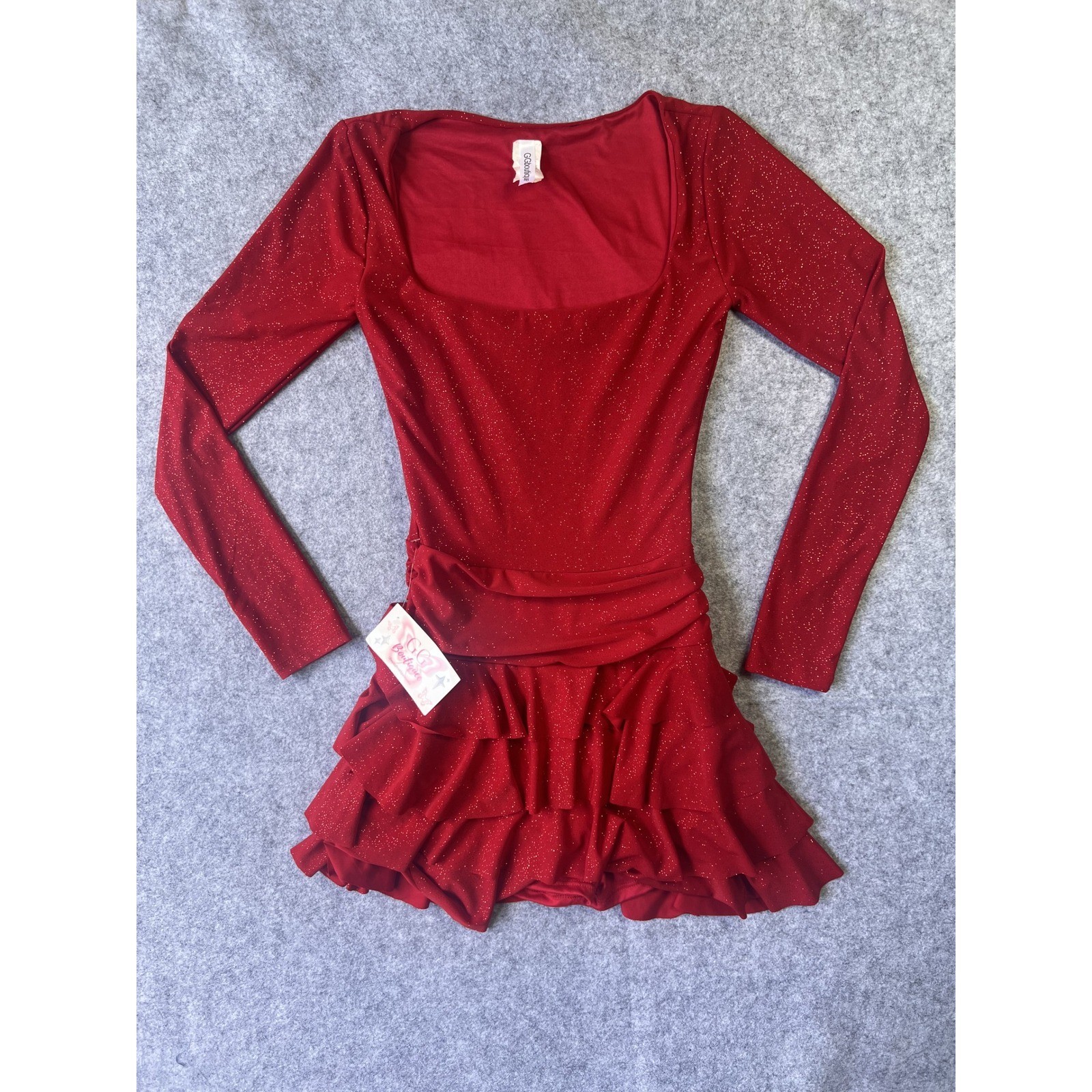 GG Boutique Tiered Ruffle Romper Dress XSmall Red Glitter Long Sleeve Skort