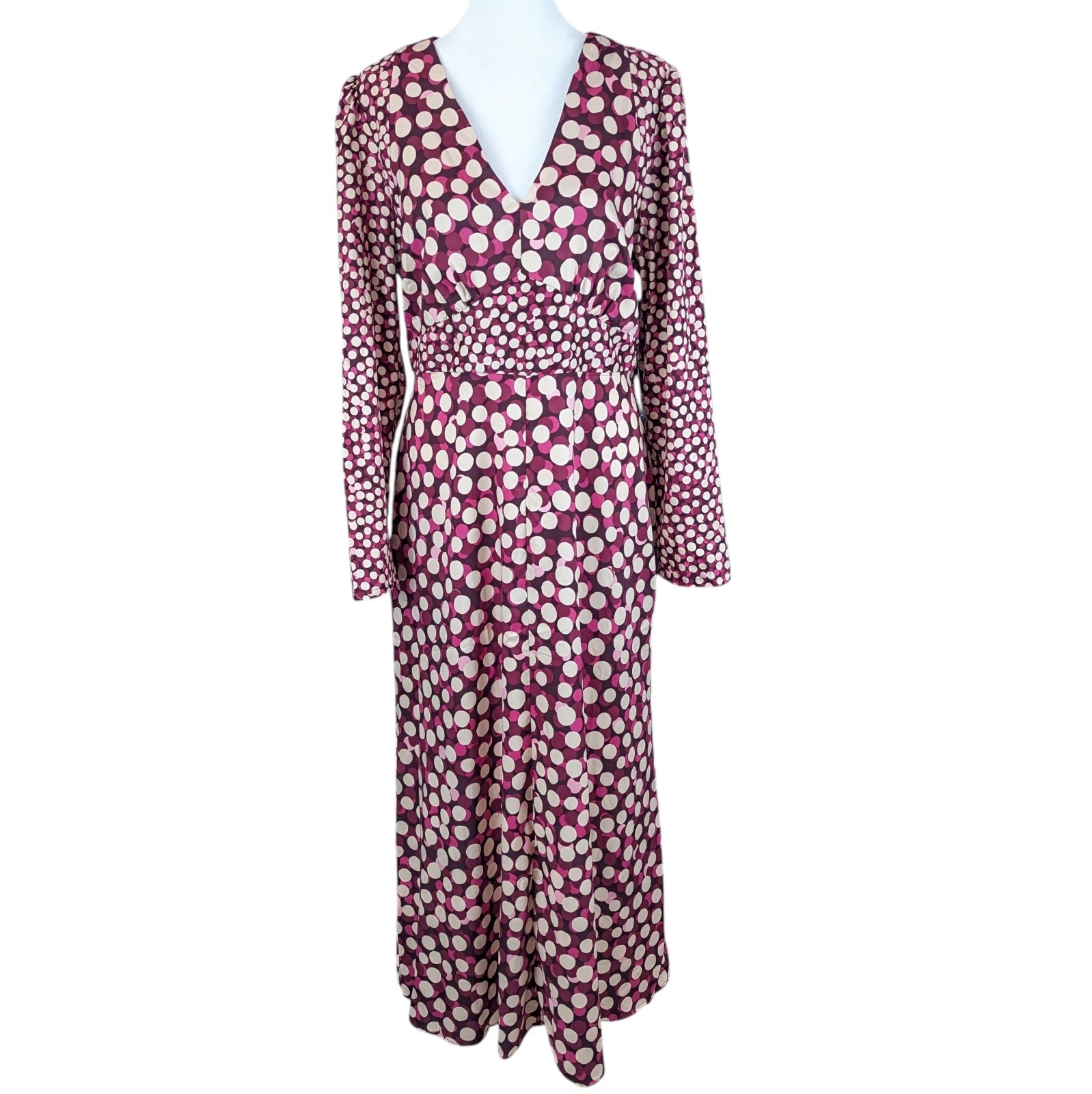 Donna Morgan Polka Dots Midi Dress Sz 12 Wine Pink V-Neck Pockets Retro Bohemian