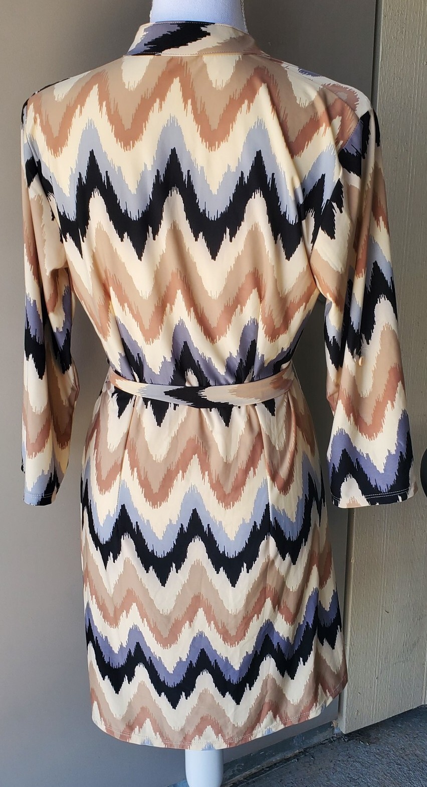 Tacera Dress Womens Small Beige Blue Black Chevron Pintuck Mandarin Collar