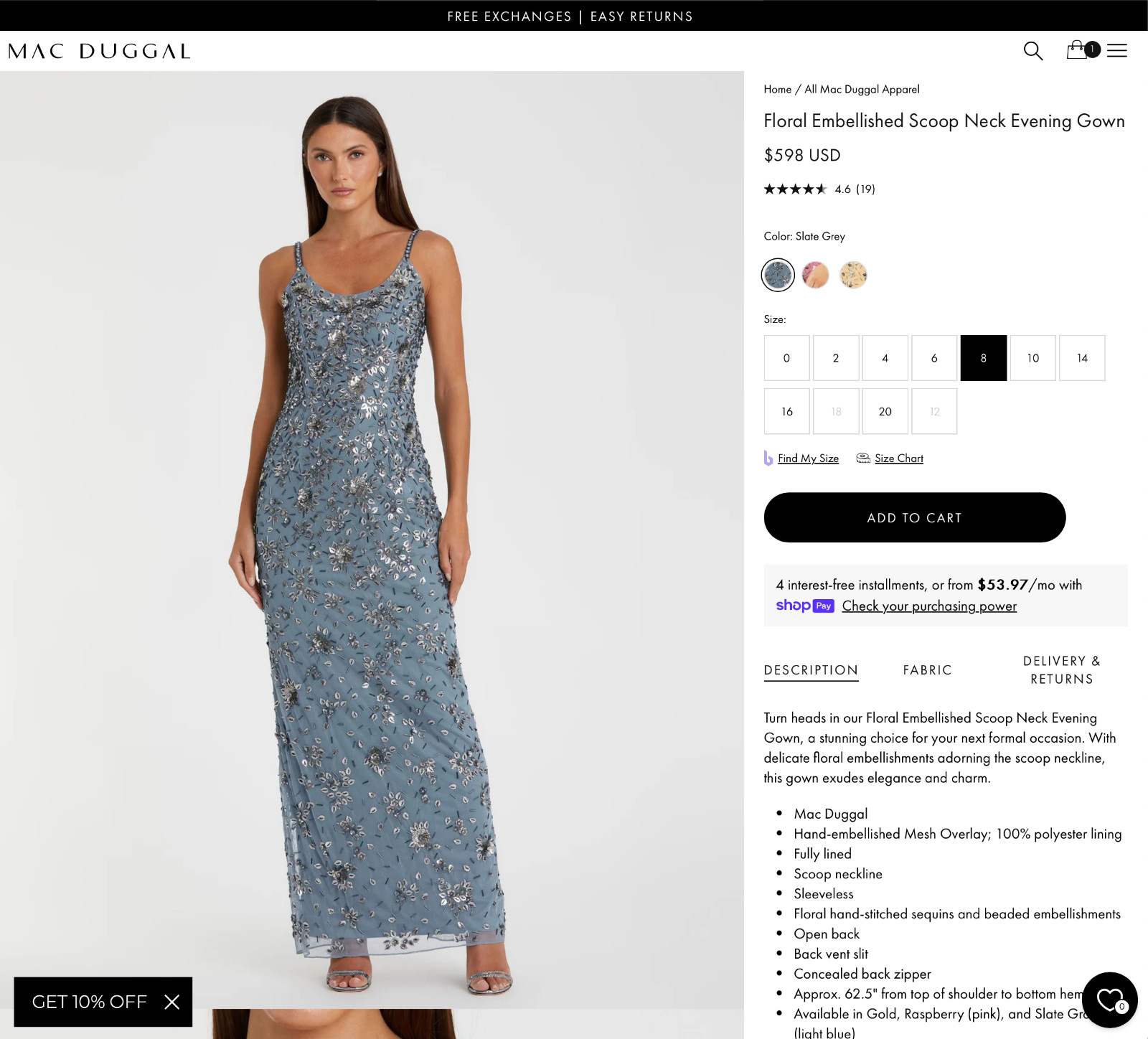NWT Mac Duggal [ 8 ] 5477 Floral Embellished Scoop Neck Gown Slate Grey J1191