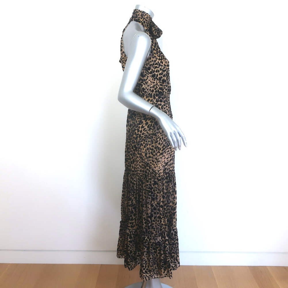 RIXO Eleanor Leopard Burnout Chiffon Midi Dress Brown Silk-Blend Size Small