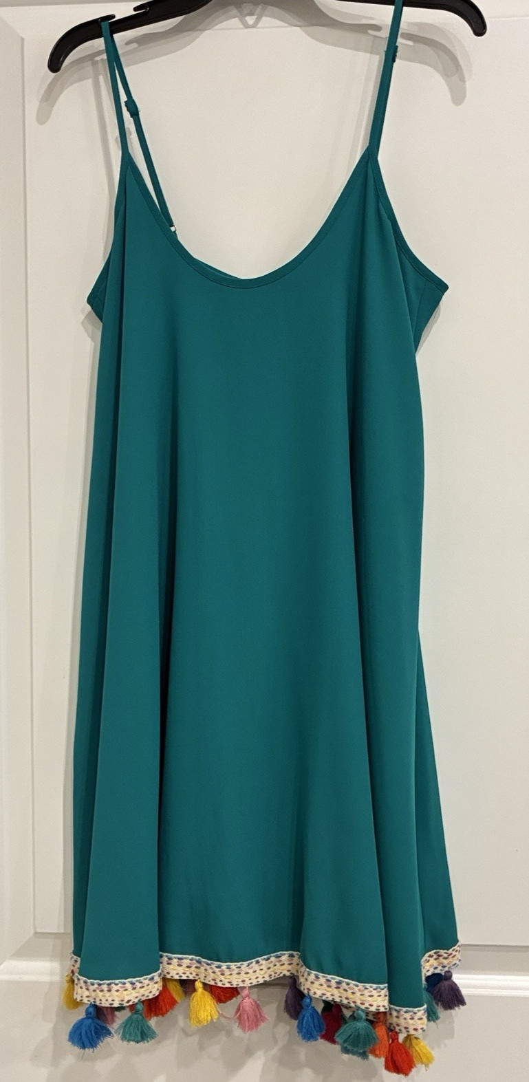 Judith March Tassel Hem Mini Dress S Green Boho Swing Sleeveless Summer Resort