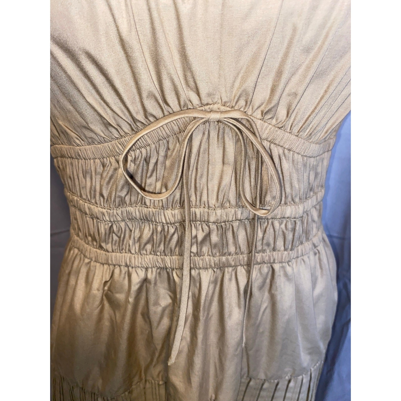 Current Air Los Angeles Anthropologie Dress S Tan Pleated Flutter Sleeve Smocked