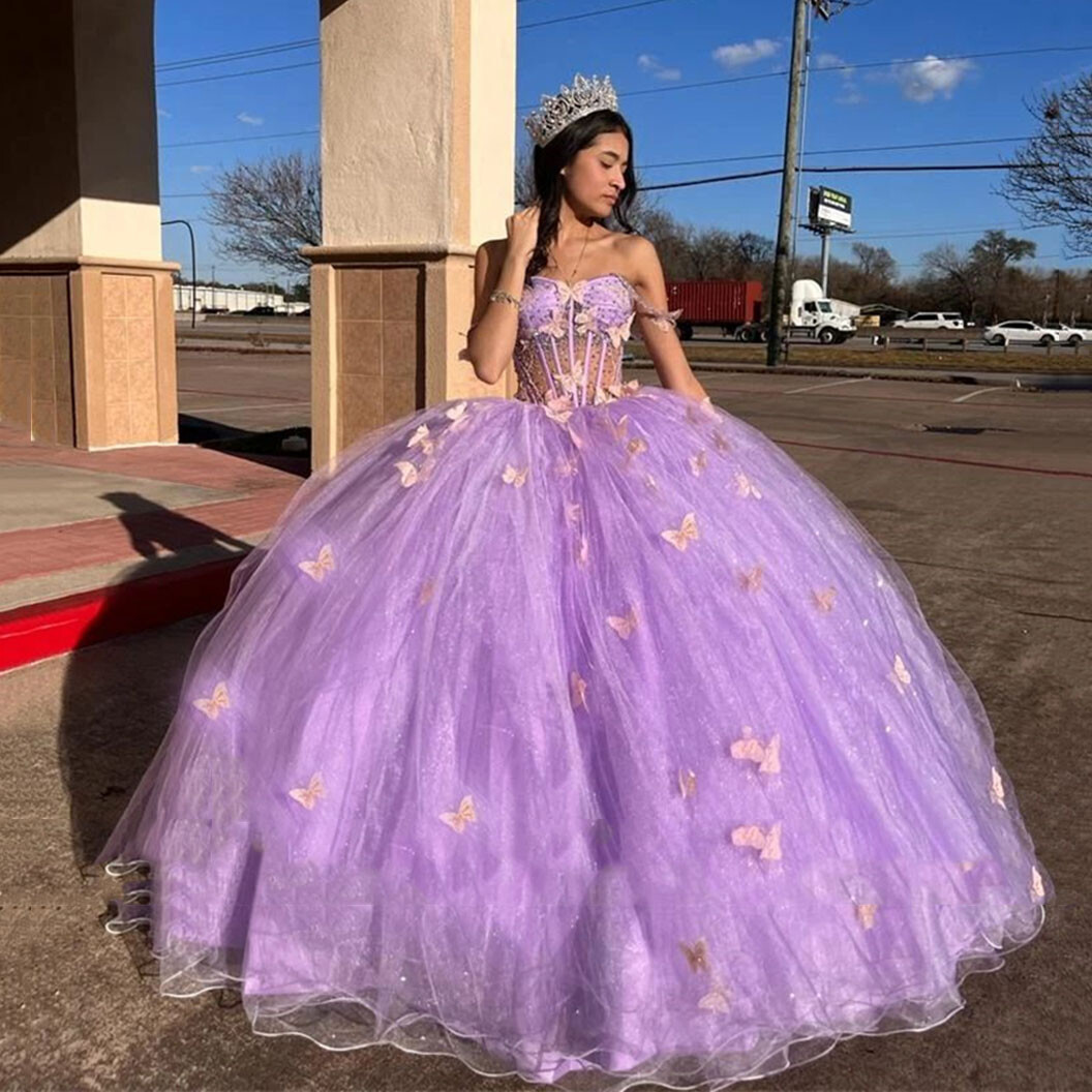 Purple Quinceanera Dresses 3D Butterfly Sweet 16 Dress Tulle Party Ball Gowns