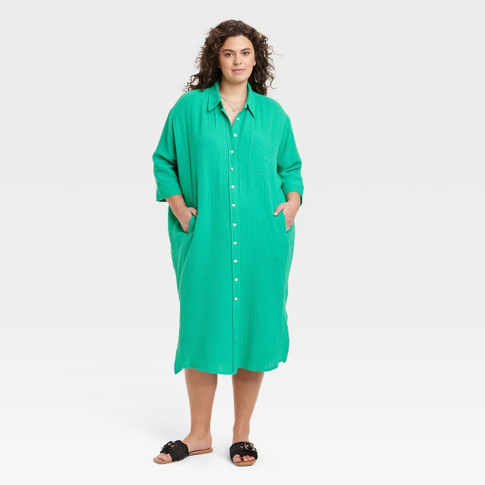 Universal Thread Women 3/4 Sleeve Midi Button Down Shirt Dress