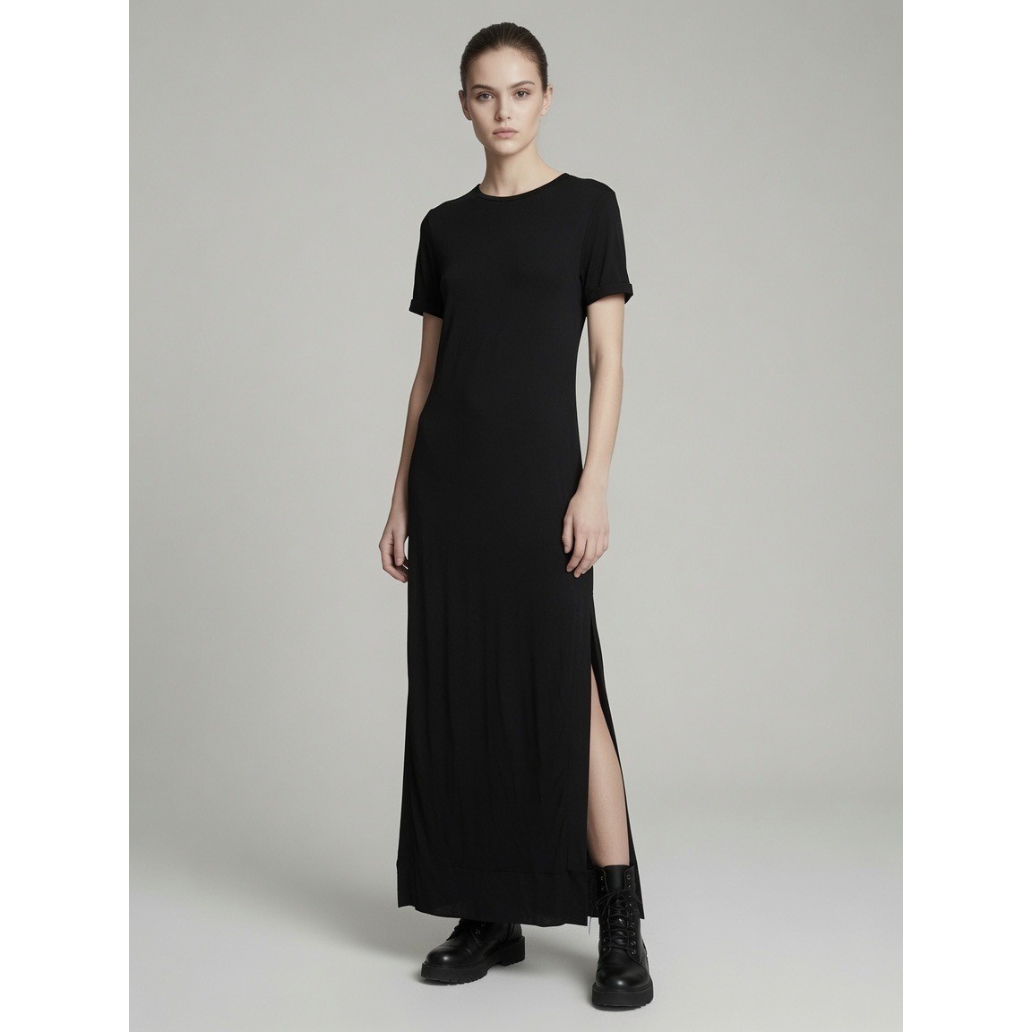 The Kooples Sport Black Short Sleeve Maxi Dress Side Slits Size 1 minimalist