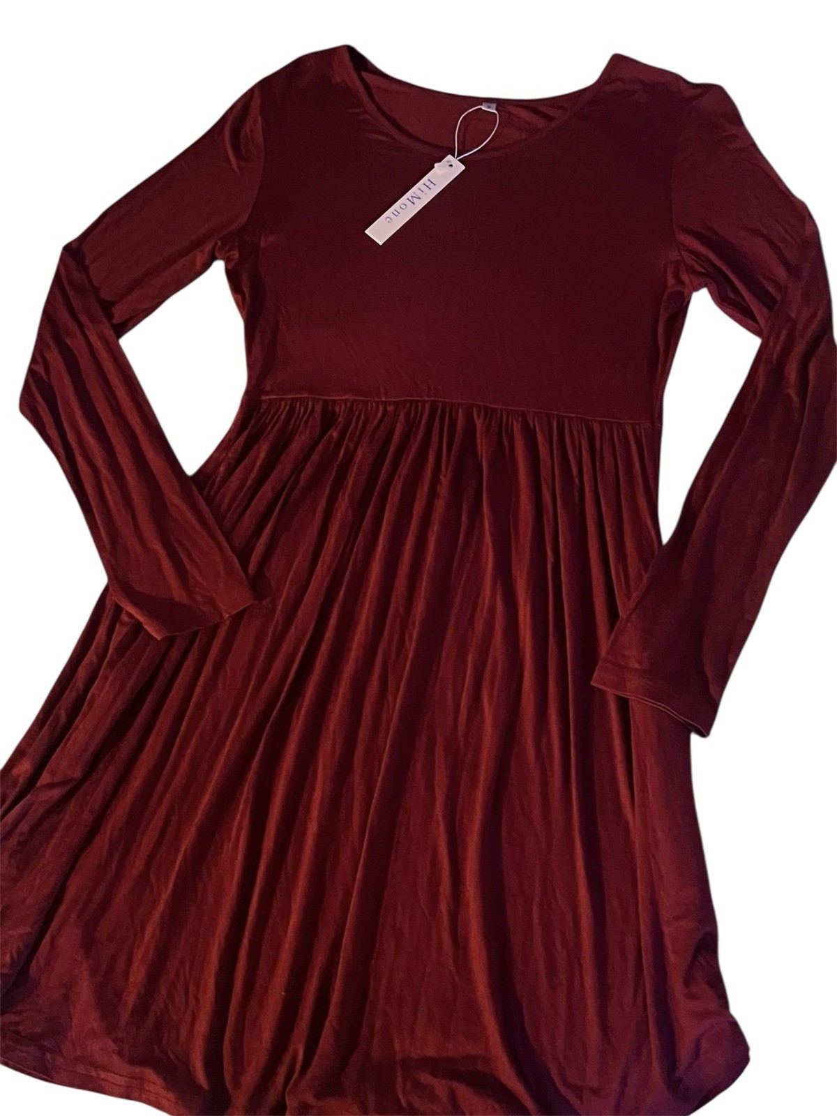 HiMone Deep Red Long Sleeve Pleated Empire Waist Dress – Size S ( Vestido Rojo)