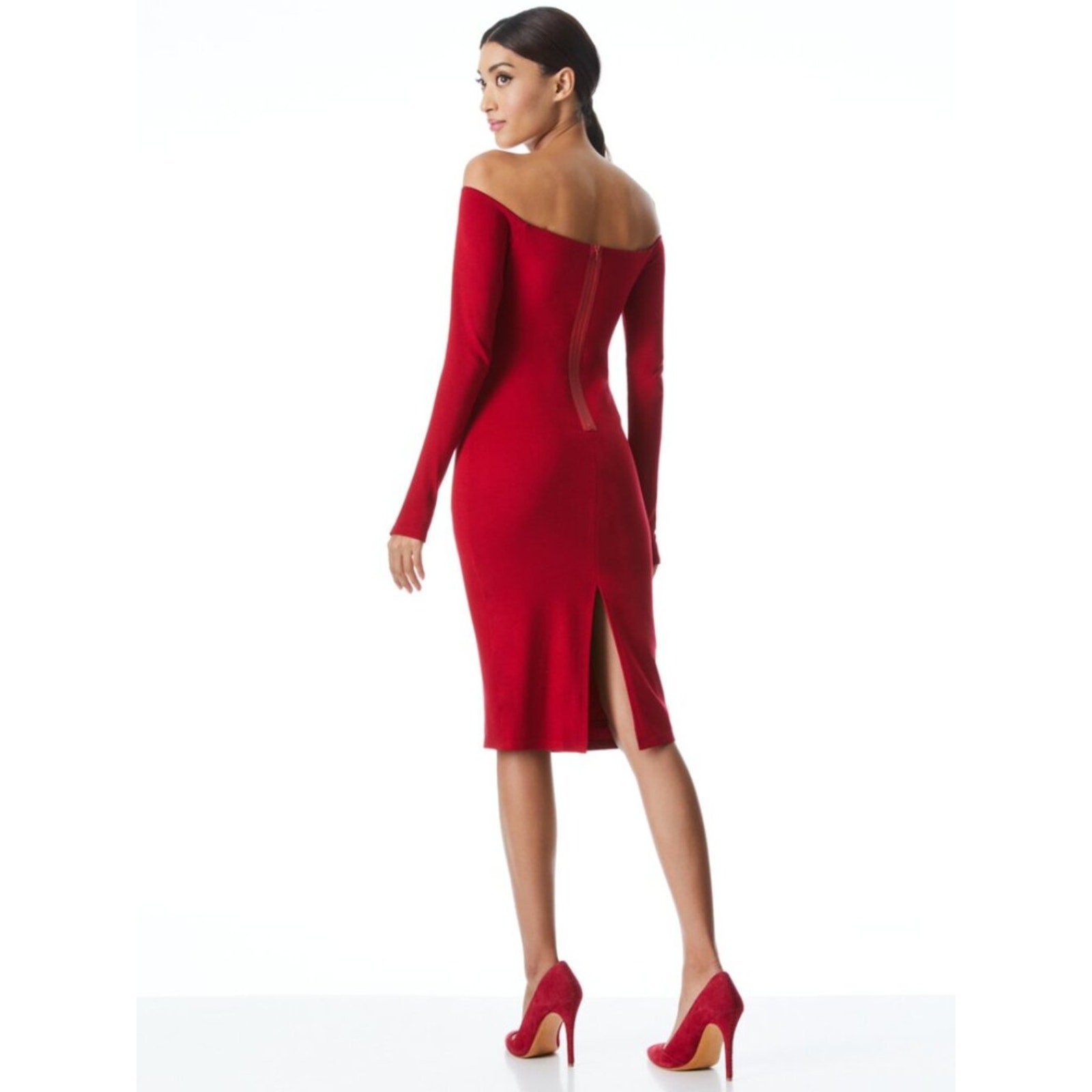 Alice +Olivia DorindaFitted Red Long-Sleeved Off the Shoulder Midi Dress, Size 4