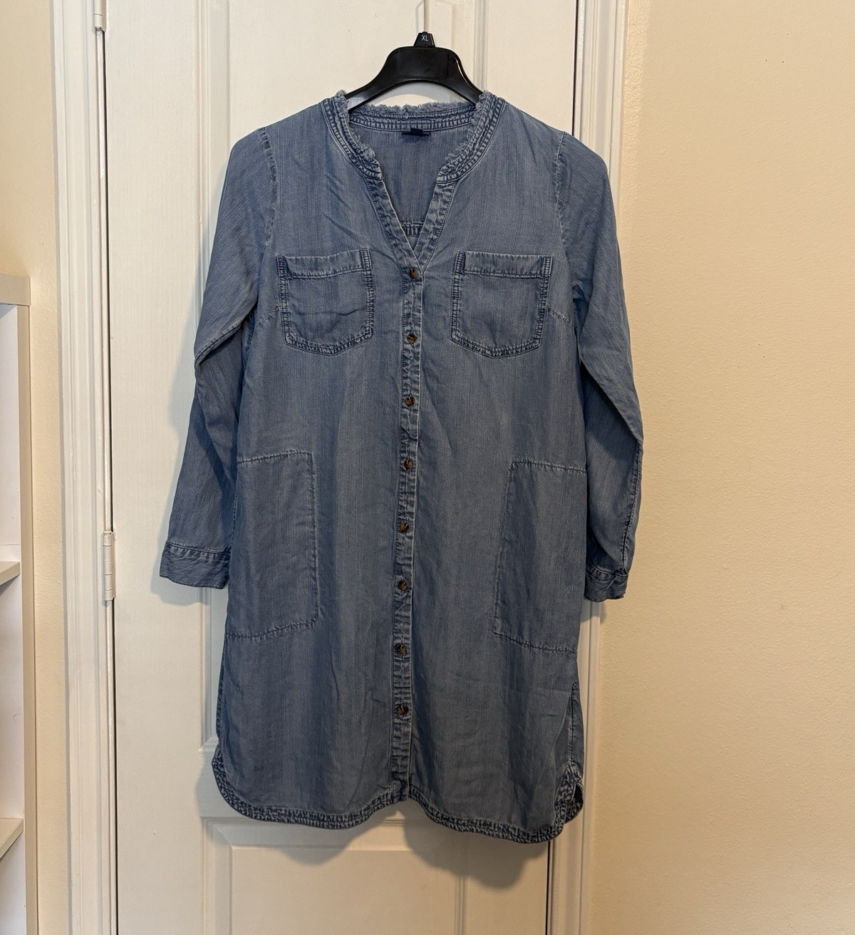 J. Jill Women’s Blue Denim Lyocell Shirt Dress Button-Front V-Neck Pockets S
