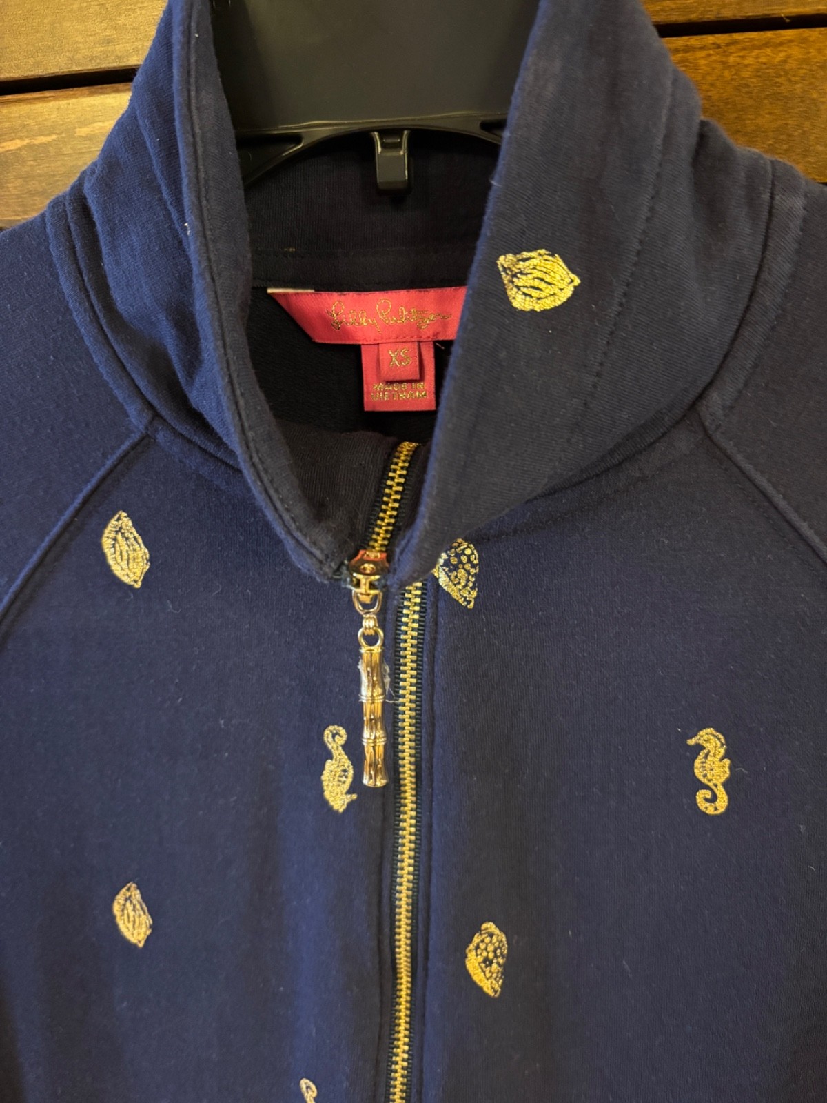 Lilly Pulitzer Quarter Zip Sweatshirt Dress, Navy W/ Gold Seahorses size XS