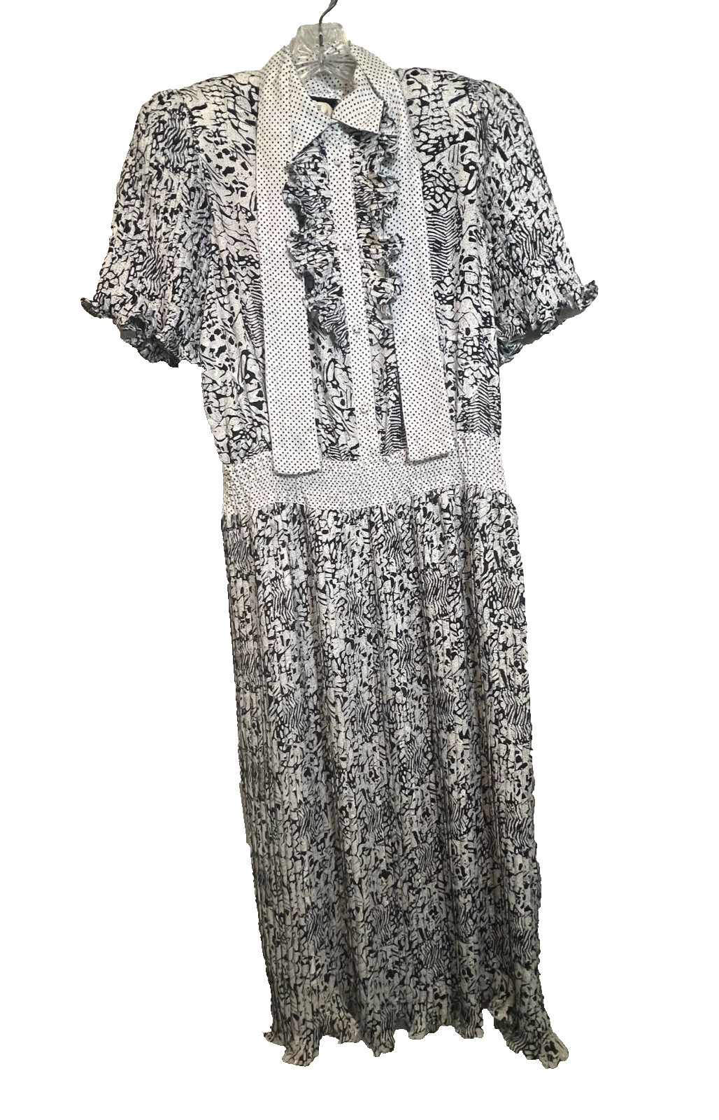 Vintage Diane Freis BLACK/WHITE POLKA DOT DRESS~M/L*Georgette~Tie/Bow~Ruffle
