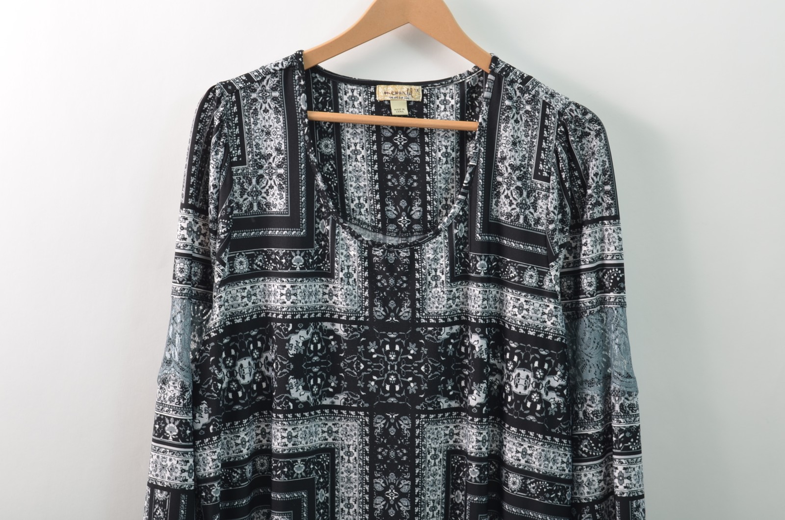 Oneworld Womens 1X Boho Knee Length Dress Black Woven Stretch Polyester Blend