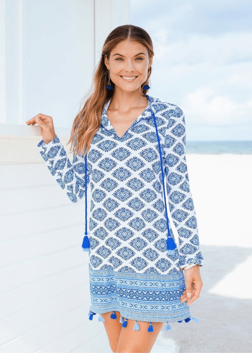 Cabana Life Seascape Coverluxe Hooded Cover-Up UV Protected Fringe Size M