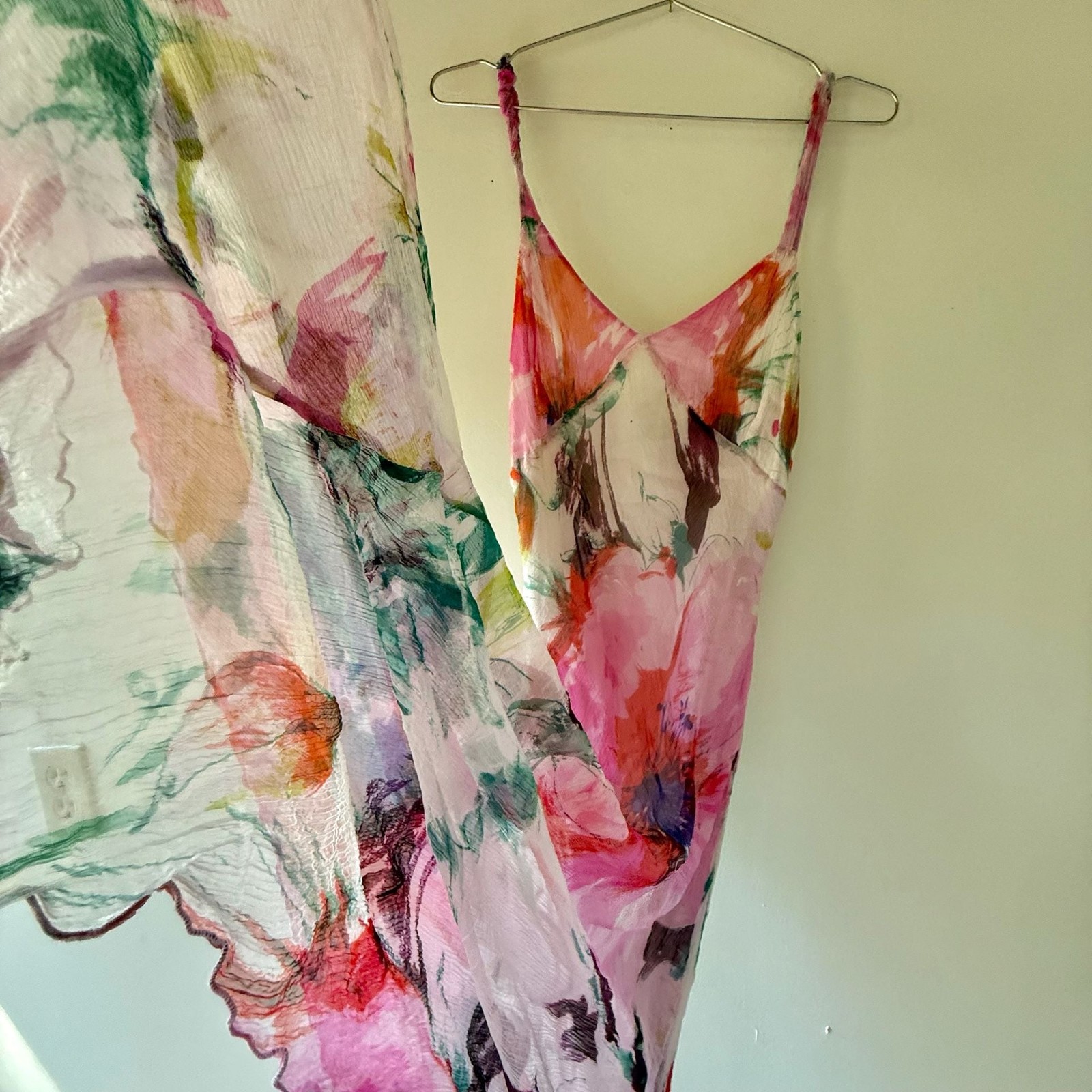 Floral Watercolor Silk Print Chiffon Maxi Slip Dress