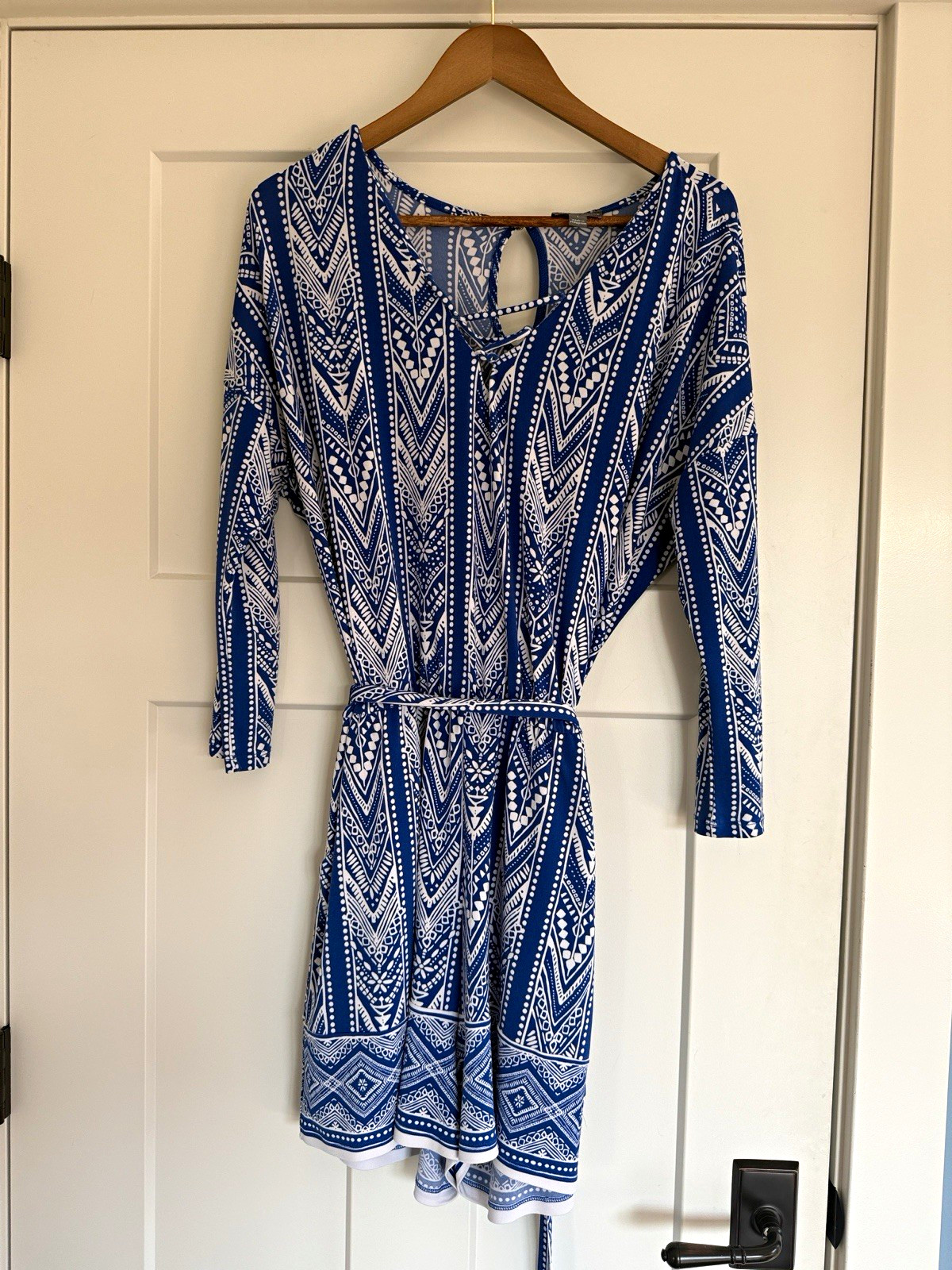 Market & Spruce Fraya Knit Romper Blue White Geometric Tie Waist L