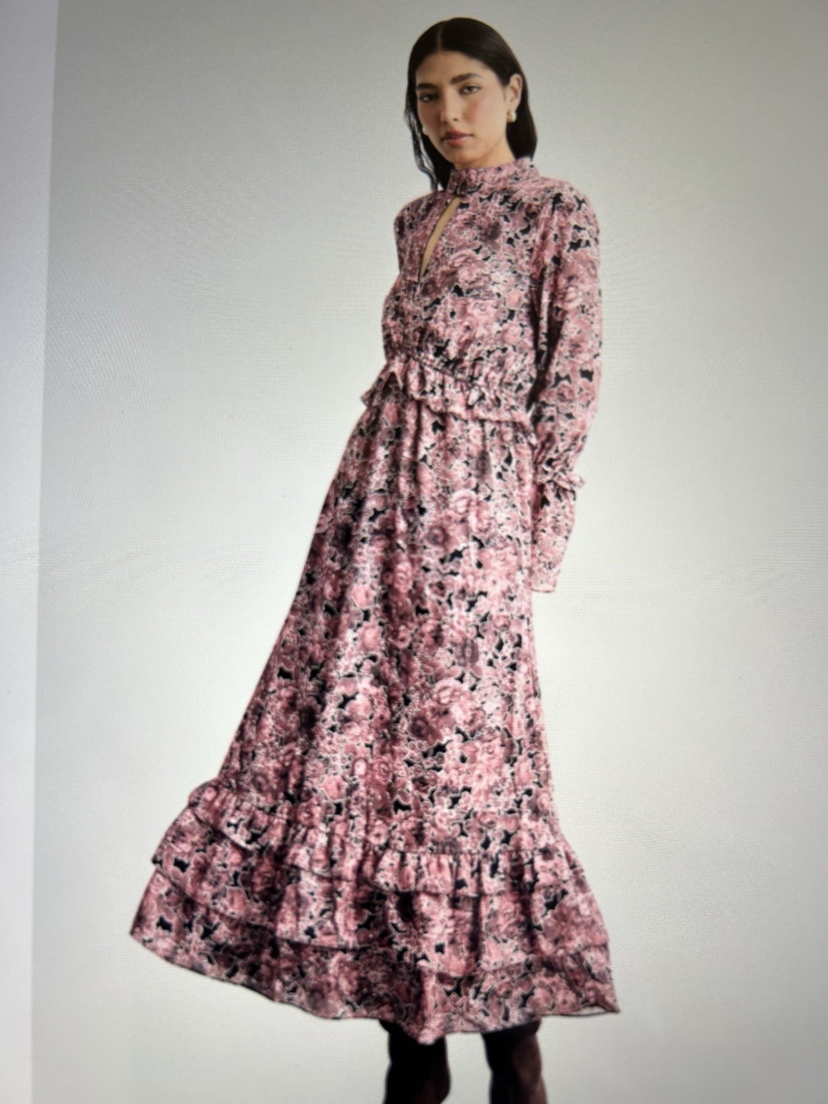 Warehouse Women’s Long Sleeve Floral Midi Dress Size 14 Mauve/Chocolate/Black