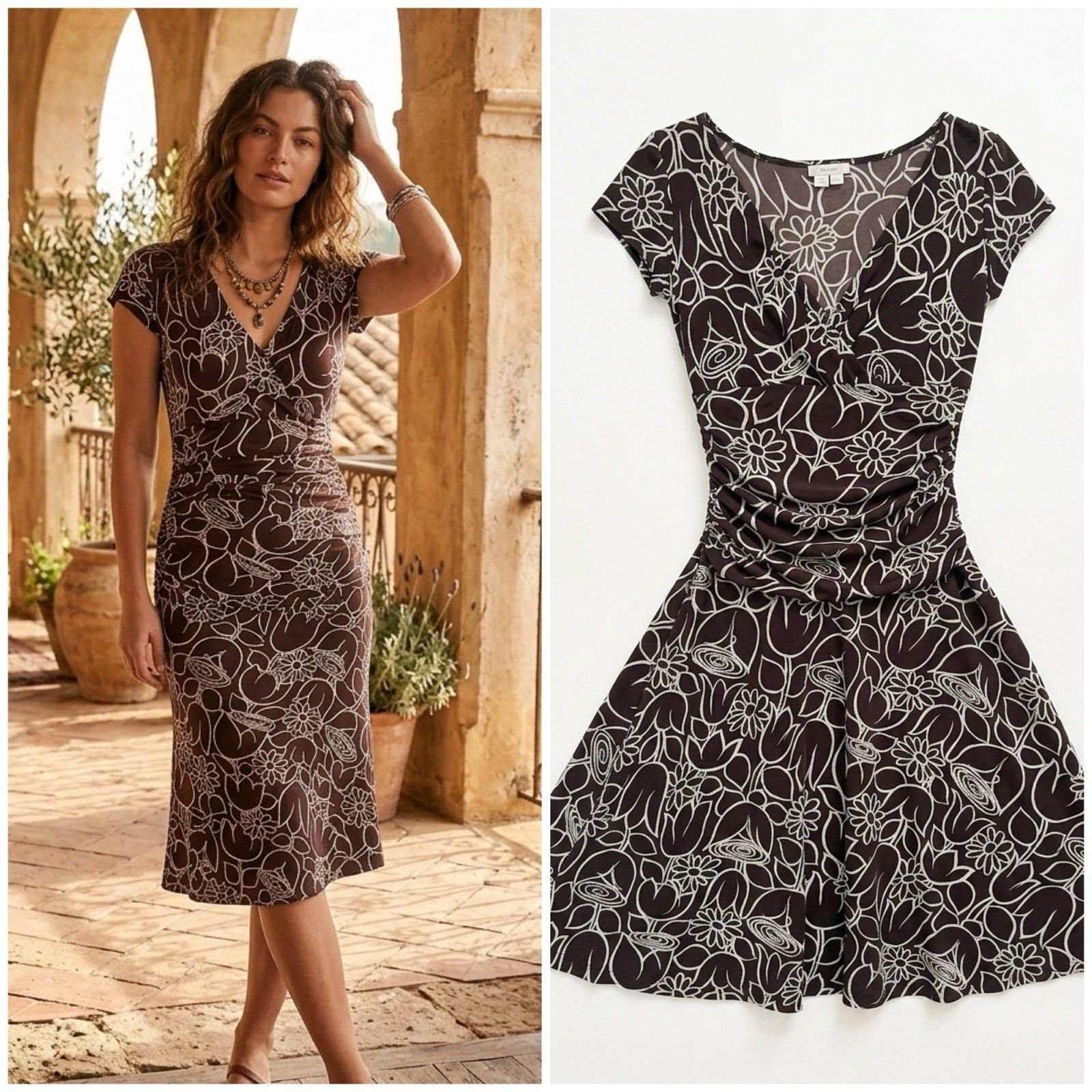 Y2K London Times Brown Tulip Floral Ruched Stretch Whimsy Sun Dress Sz 6