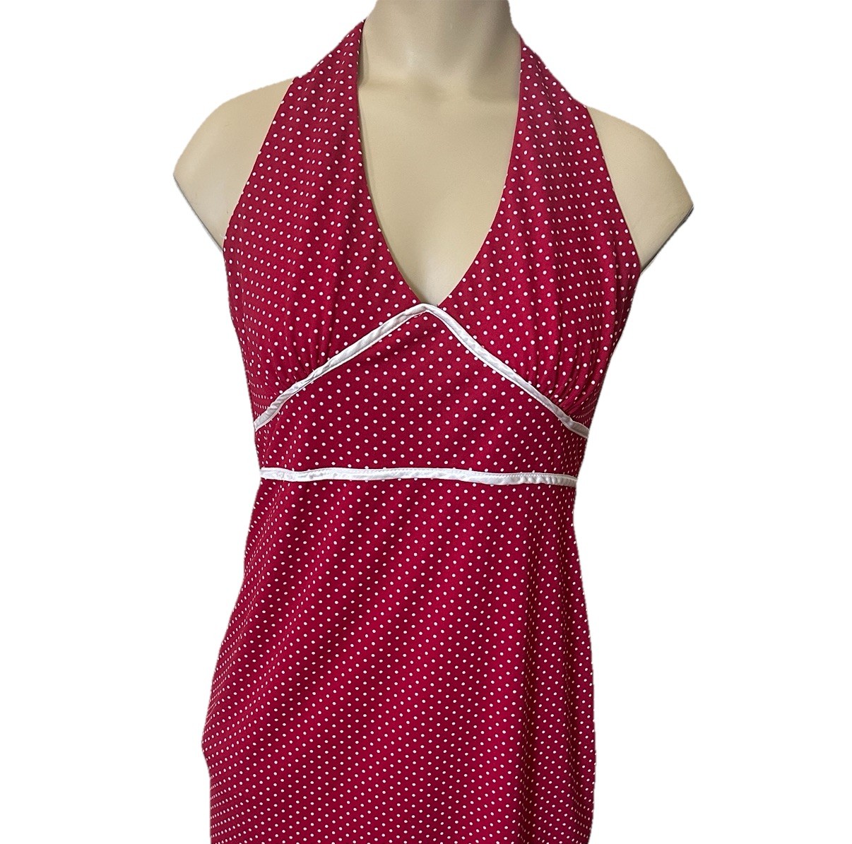 VTG City Triangles Red Polka Dot Halter Dress 30×50 Inch Neck High Low Y2K USA