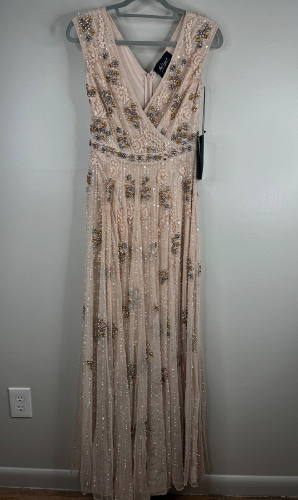 Mac Duggal Blush Gold Beaded Sequin V-Neck Maxi Gown 93575